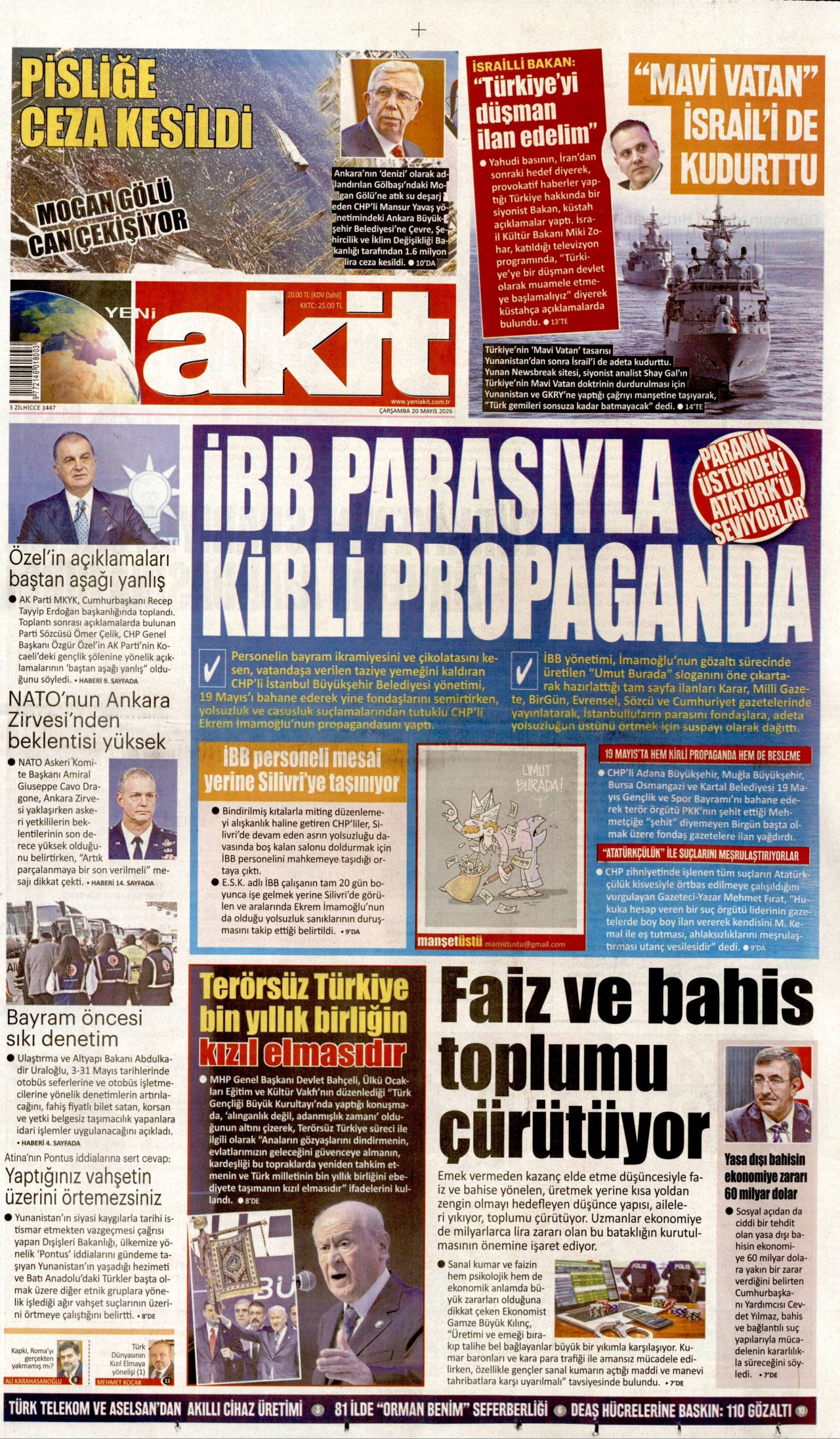 YENİ AKİT gazetesinin 20 Mayıs 2026 tarihli birinci sayfası