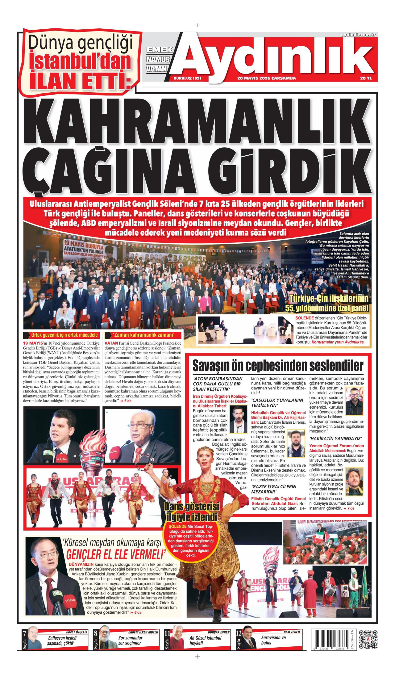AYDINLIK GAZETESİ gazetesinin 20 Mayıs 2026 tarihli birinci sayfası