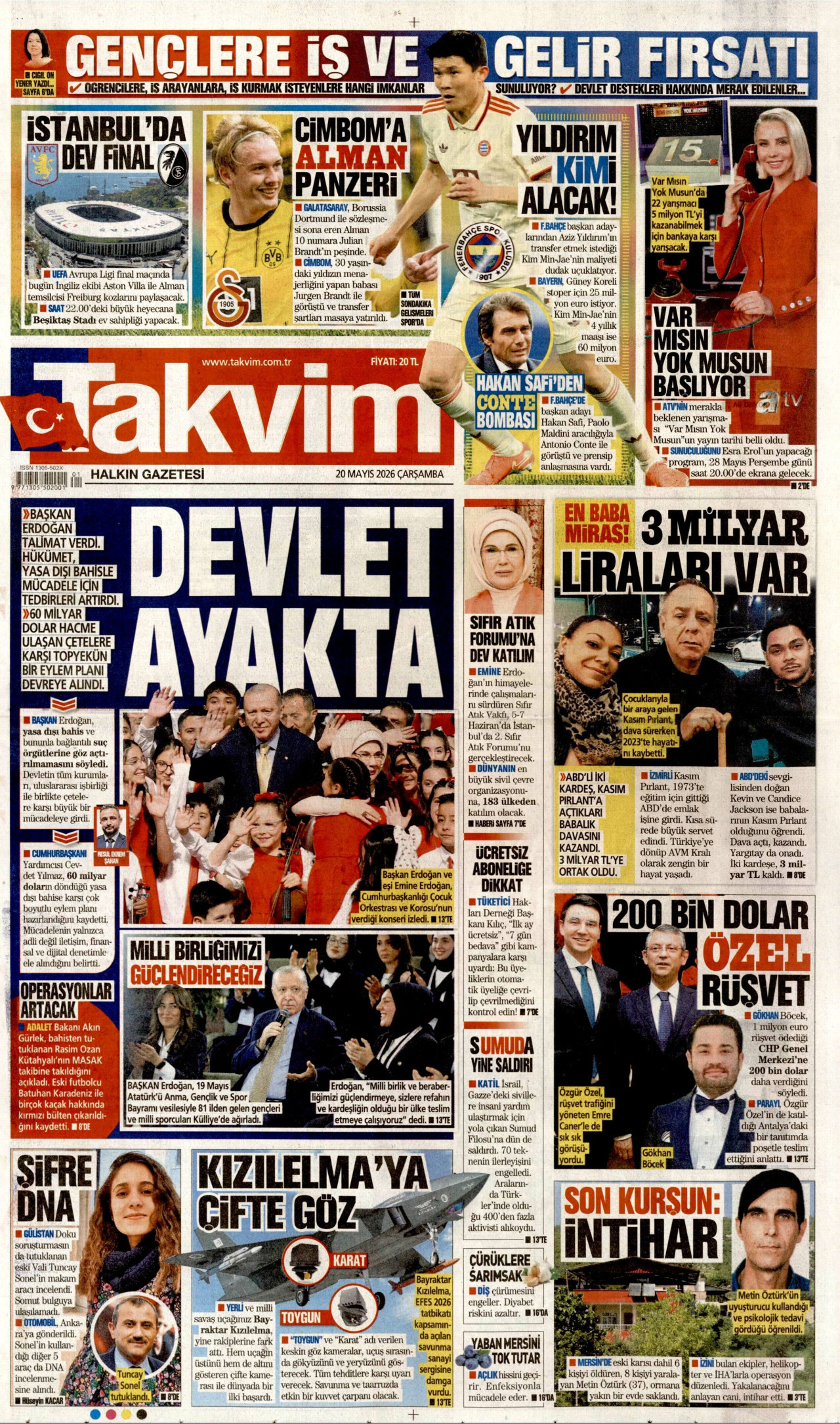 TAKVİM gazetesinin 20 Mayıs 2026 tarihli birinci sayfası