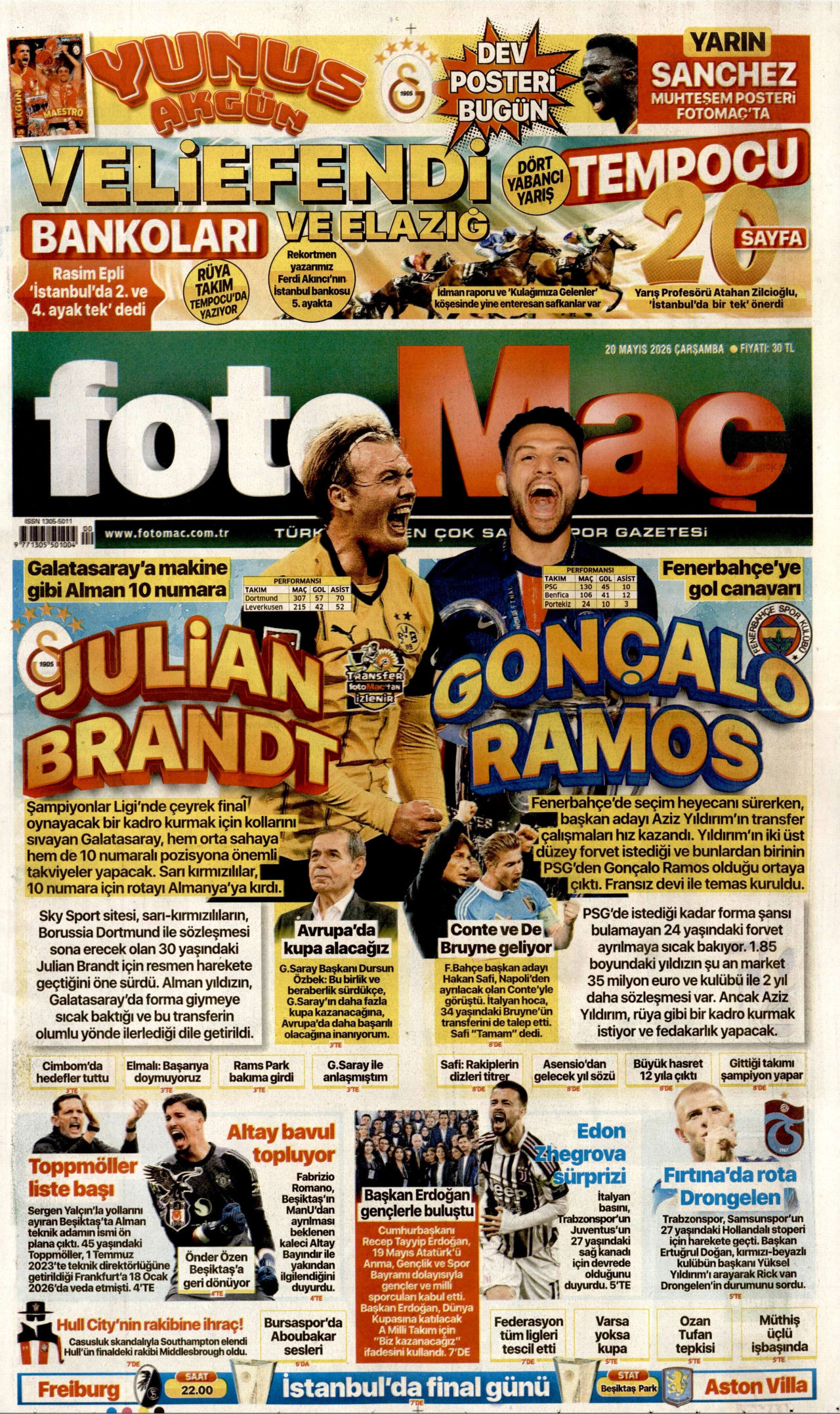FOTOMAÇ gazetesinin 20 Mayıs 2026 tarihli birinci sayfası