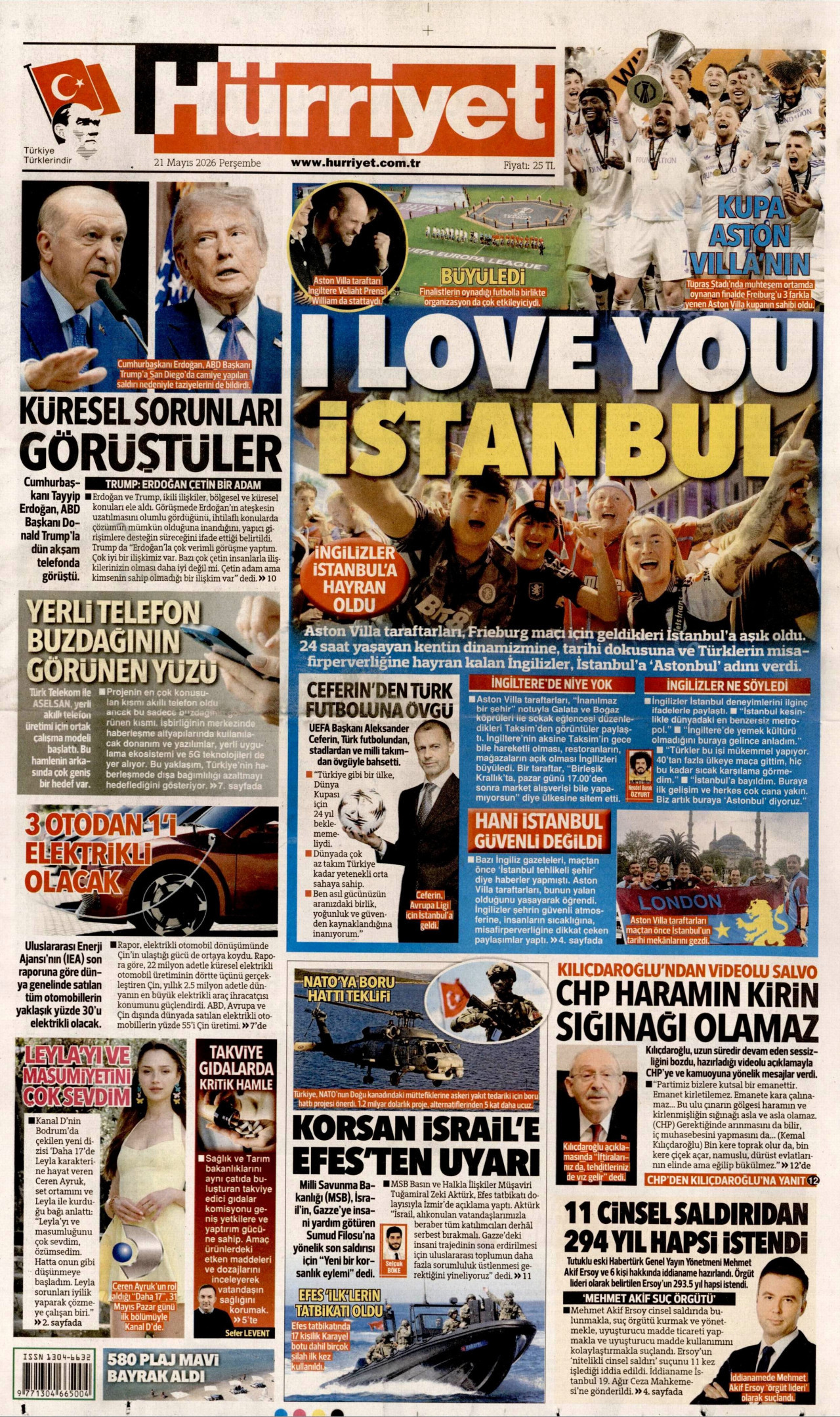 HÜRRİYET gazetesinin 21 Mayıs 2026 tarihli birinci sayfası