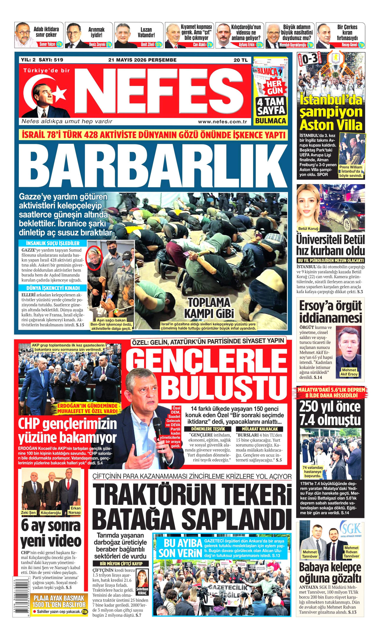 NEFES gazetesinin 21 Mayıs 2026 tarihli birinci sayfası
