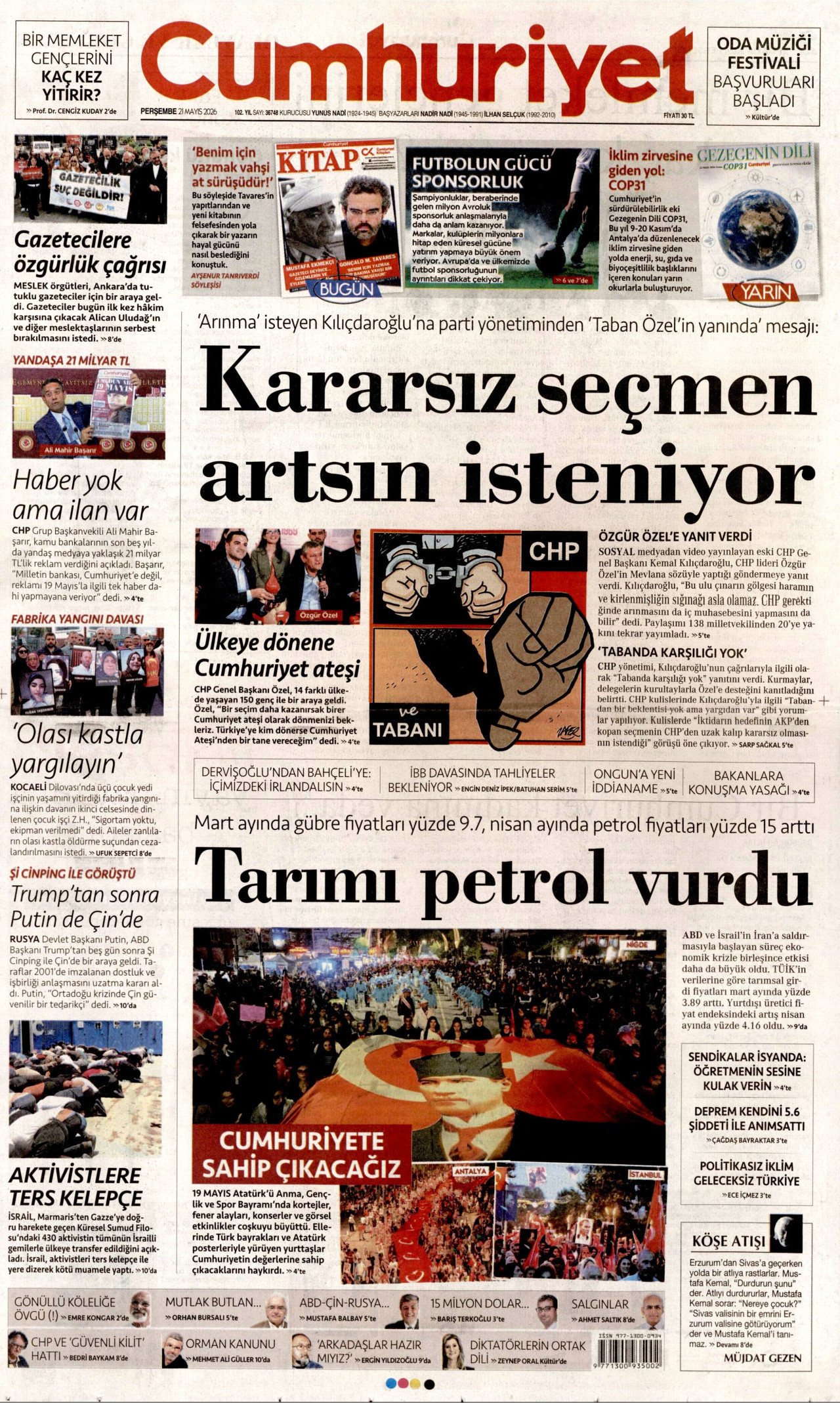 CUMHURİYET gazetesinin 21 Mayıs 2026 tarihli birinci sayfası