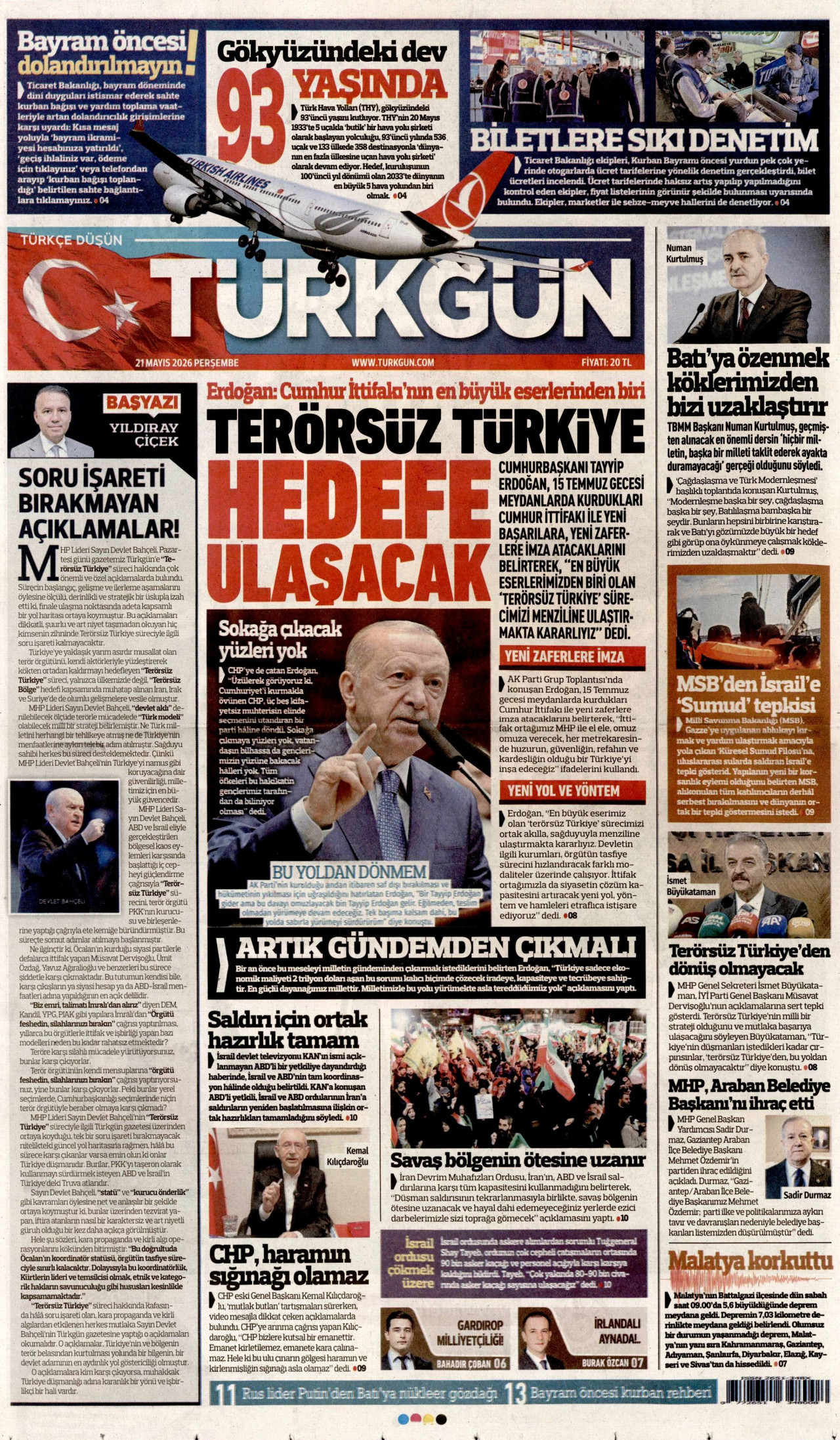 TÜRKGÜN gazetesinin 21 Mayıs 2026 tarihli birinci sayfası