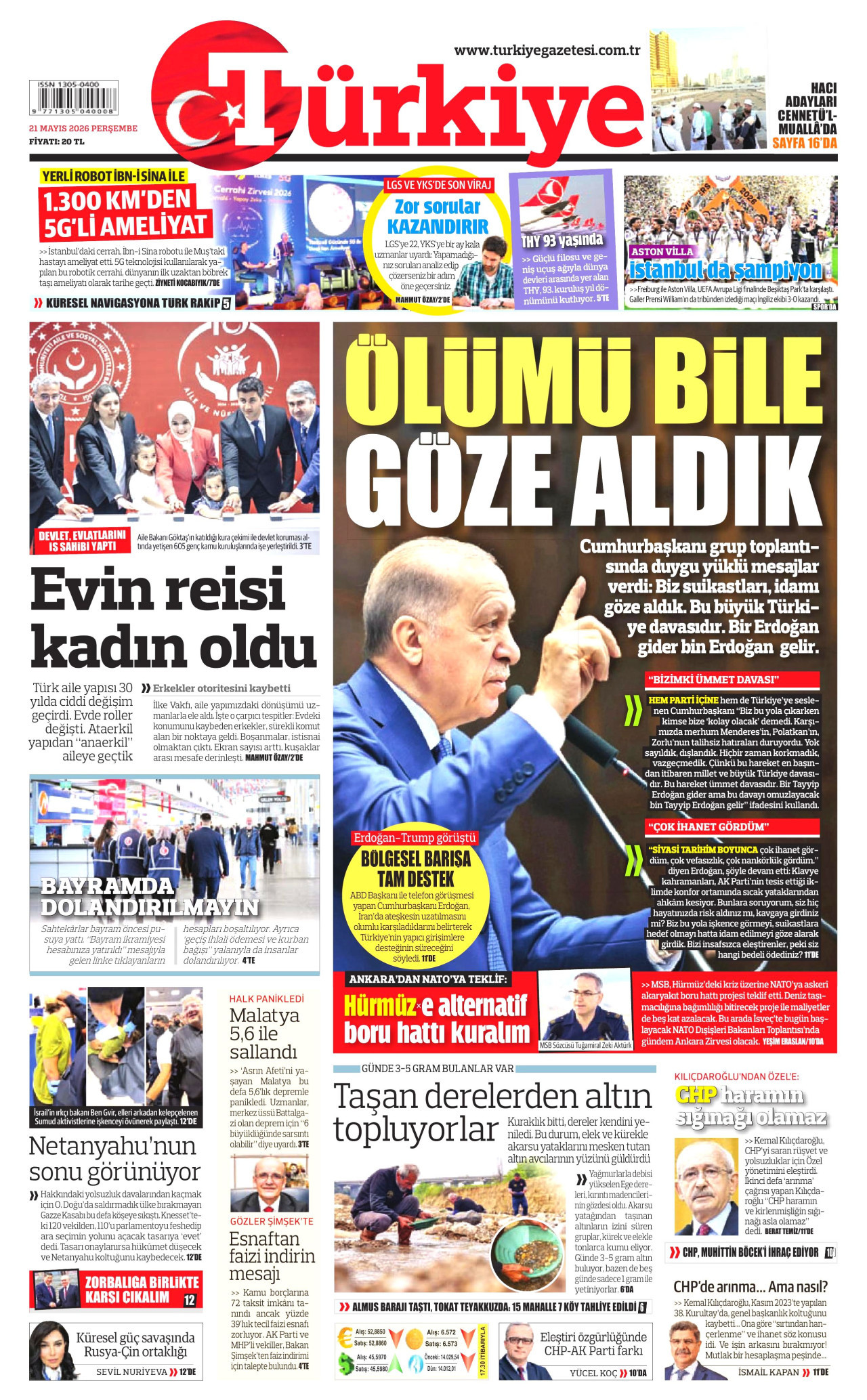 TÜRKİYE GAZETESİ gazetesinin 21 Mayıs 2026 tarihli birinci sayfası