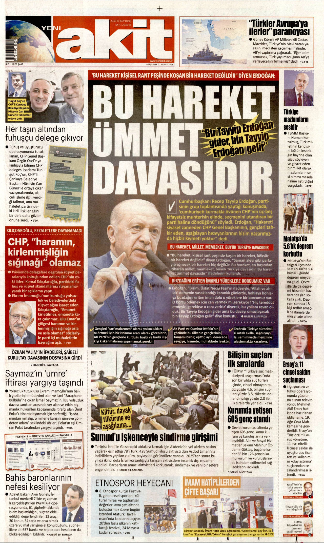 YENİ AKİT gazetesinin 21 Mayıs 2026 tarihli birinci sayfası