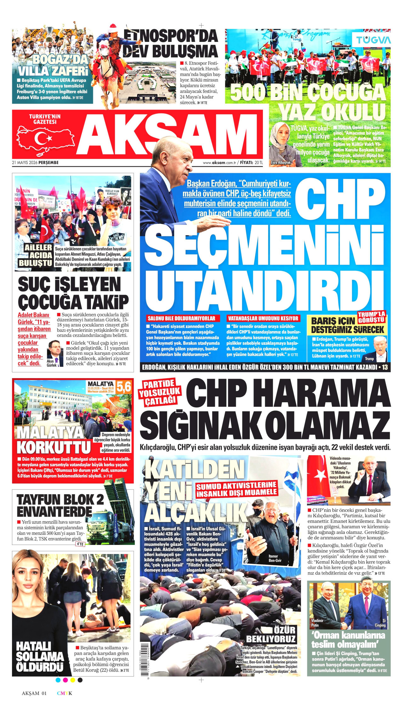AKŞAM gazetesinin 21 Mayıs 2026 tarihli birinci sayfası