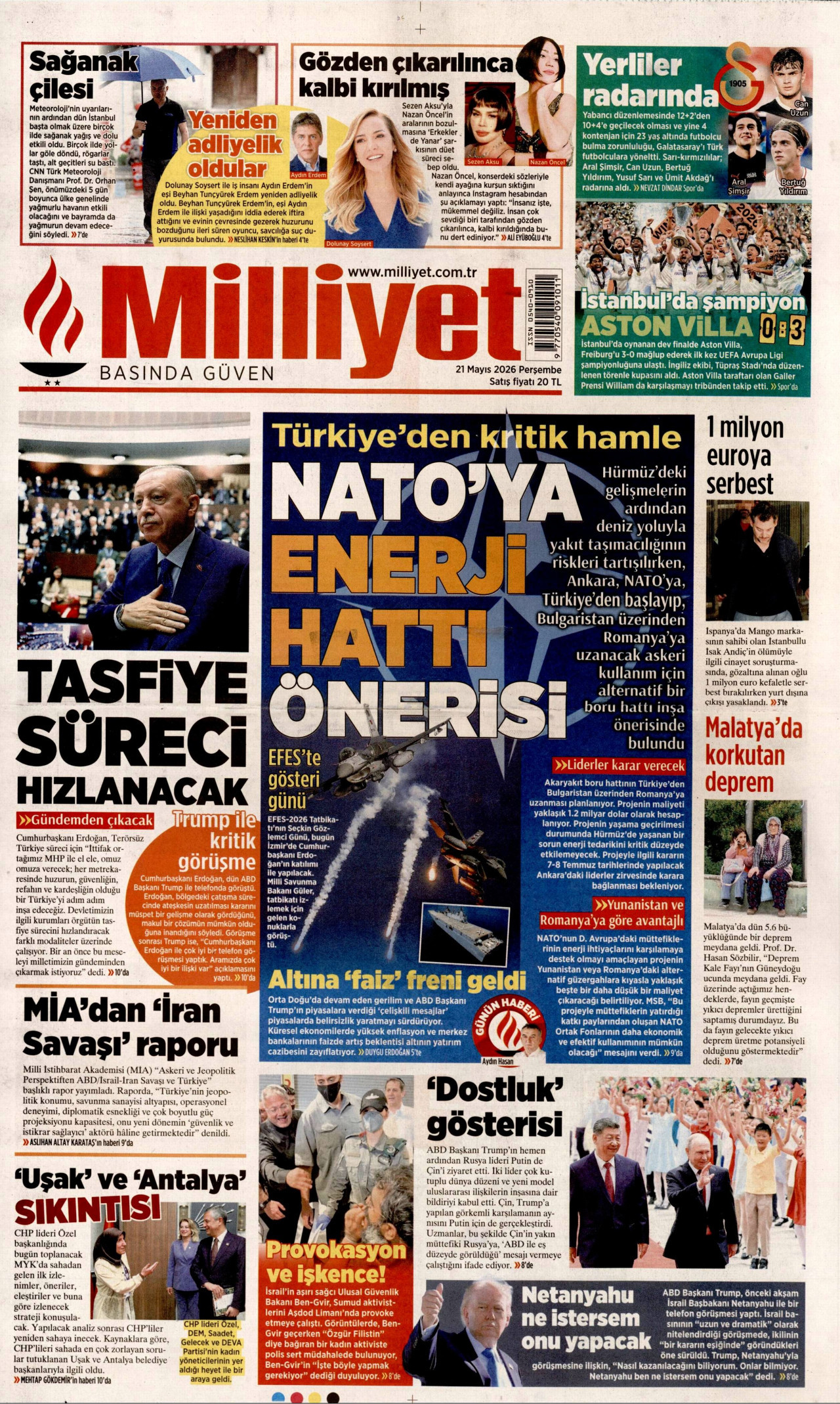 MİLLİYET gazetesinin 21 Mayıs 2026 tarihli birinci sayfası