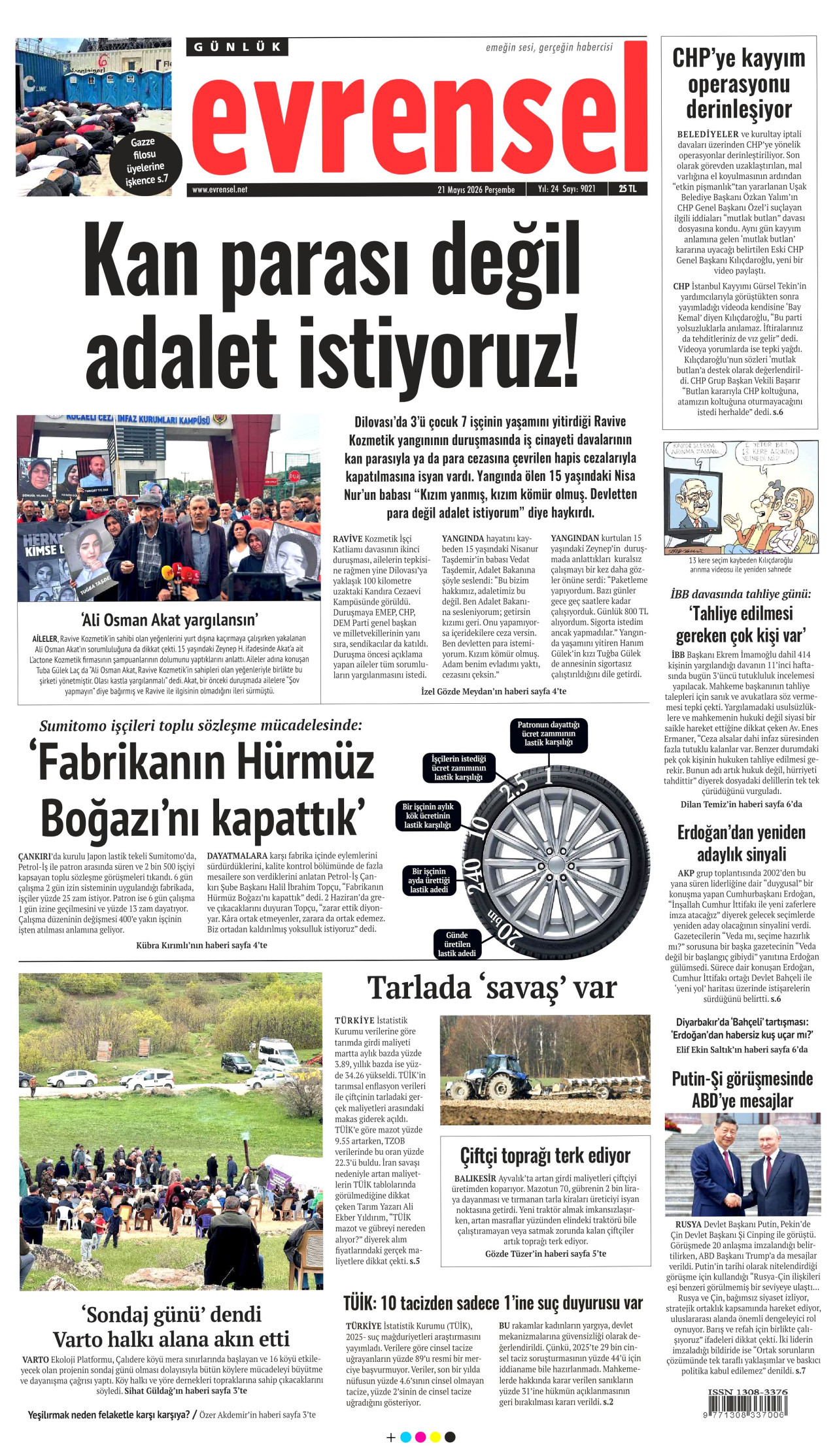 EVRENSEL gazetesinin 21 Mayıs 2026 tarihli birinci sayfası