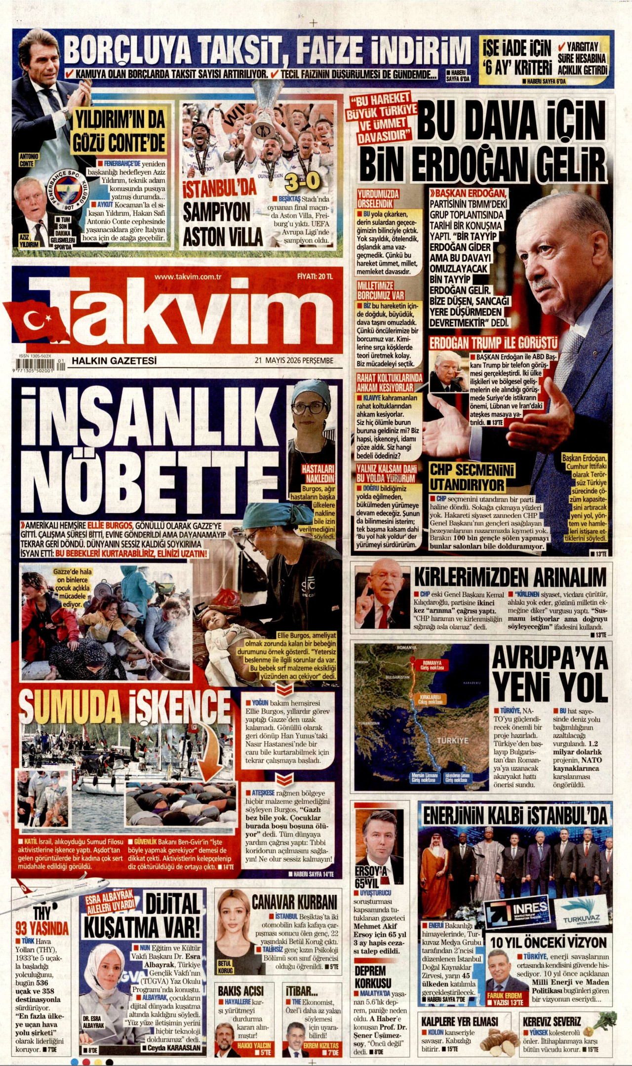 TAKVİM gazetesinin 21 Mayıs 2026 tarihli birinci sayfası