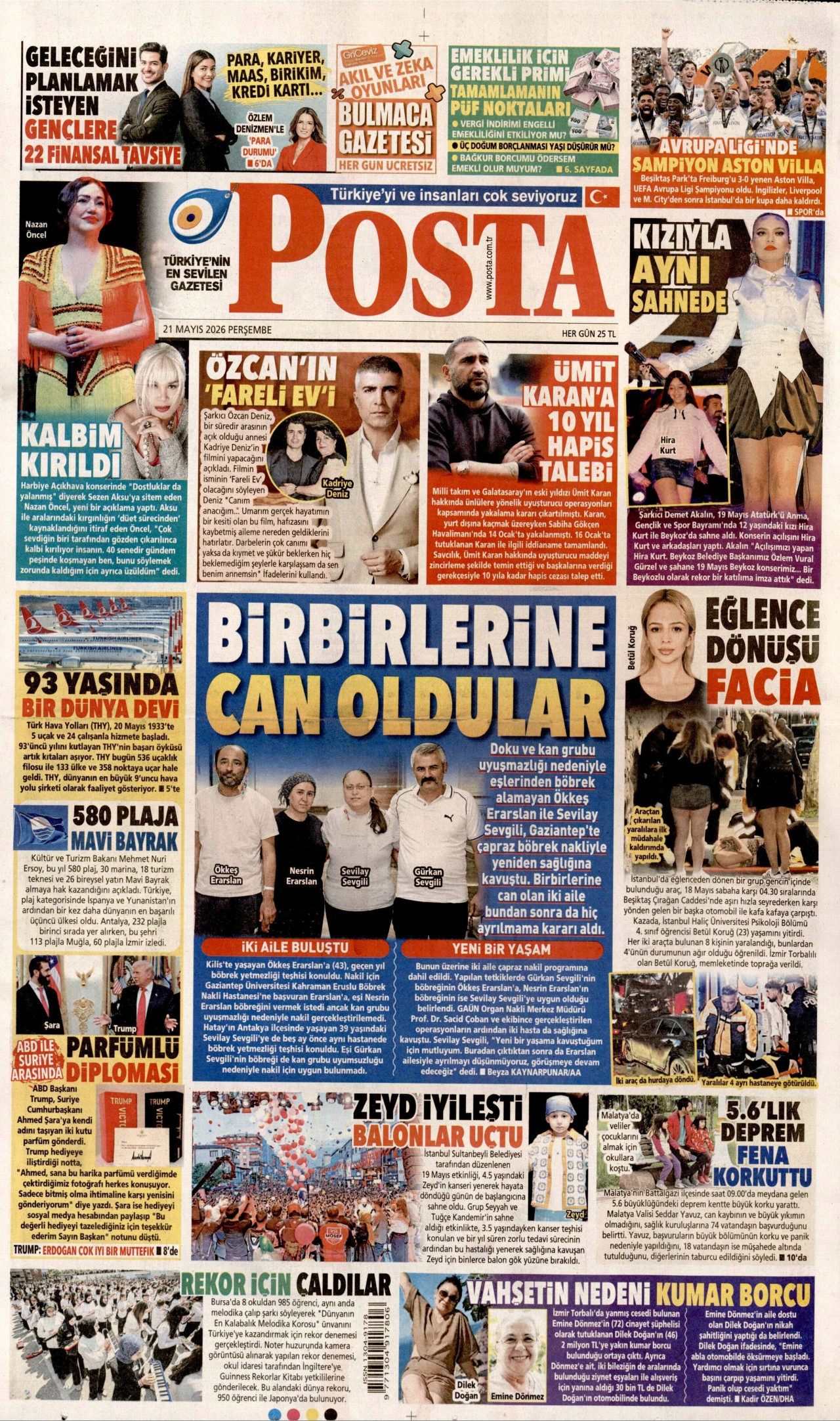 POSTA gazetesinin 21 Mayıs 2026 tarihli birinci sayfası