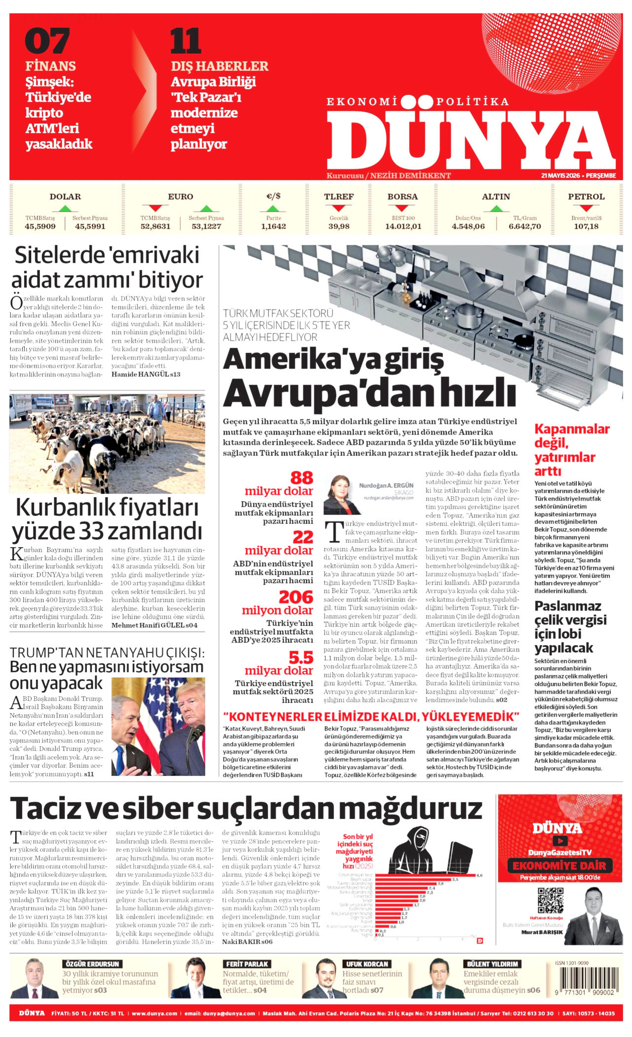 DÜNYA gazetesinin 21 Mayıs 2026 tarihli birinci sayfası