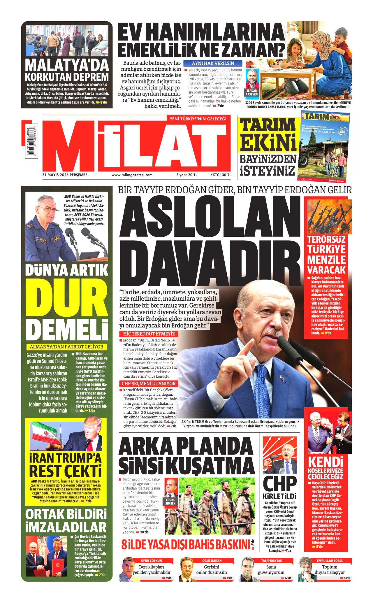 MİLAT gazetesinin 21 Mayıs 2026 tarihli birinci sayfası