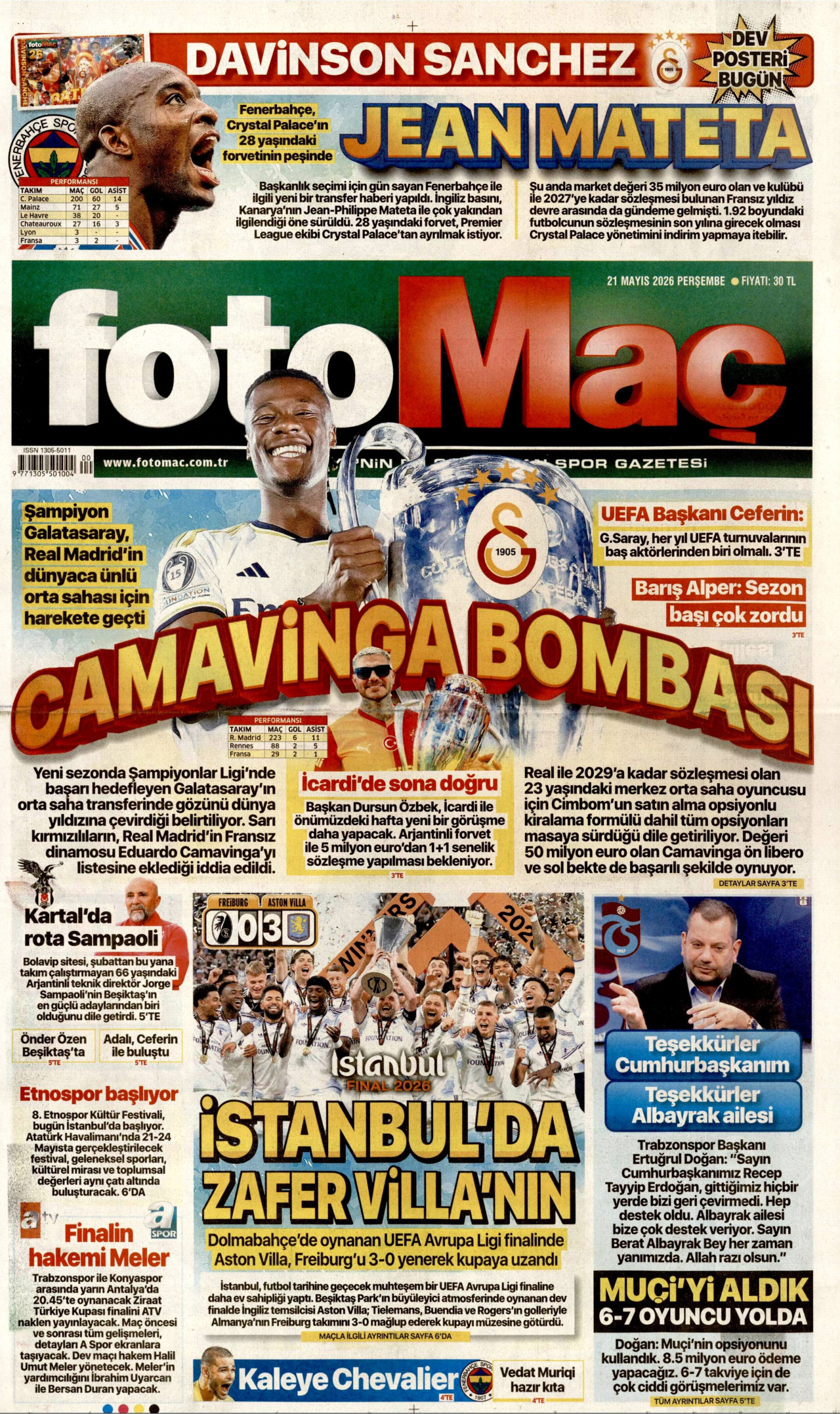 FOTOMAÇ gazetesinin 21 Mayıs 2026 tarihli birinci sayfası