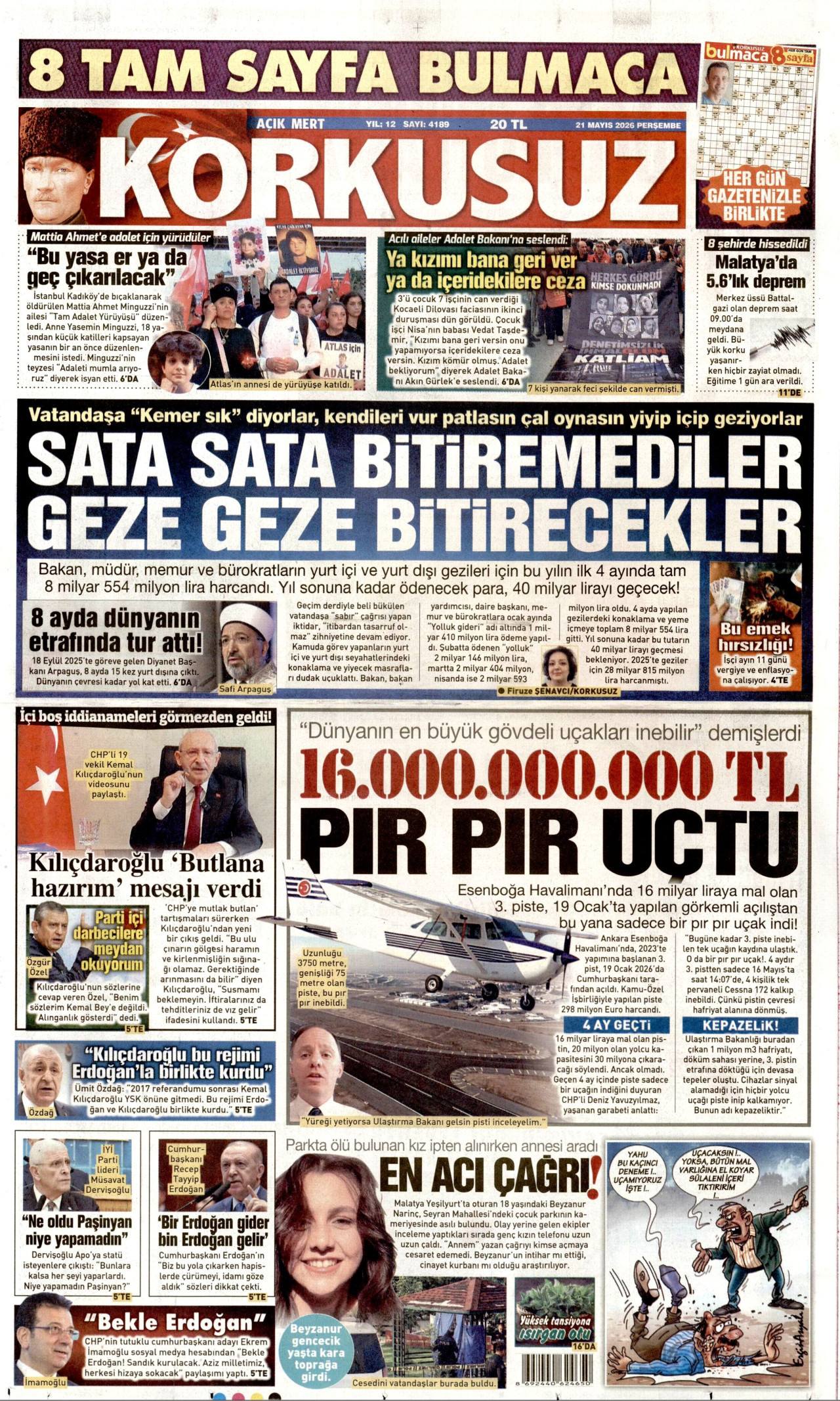 KORKUSUZ gazetesinin 21 Mayıs 2026 tarihli birinci sayfası