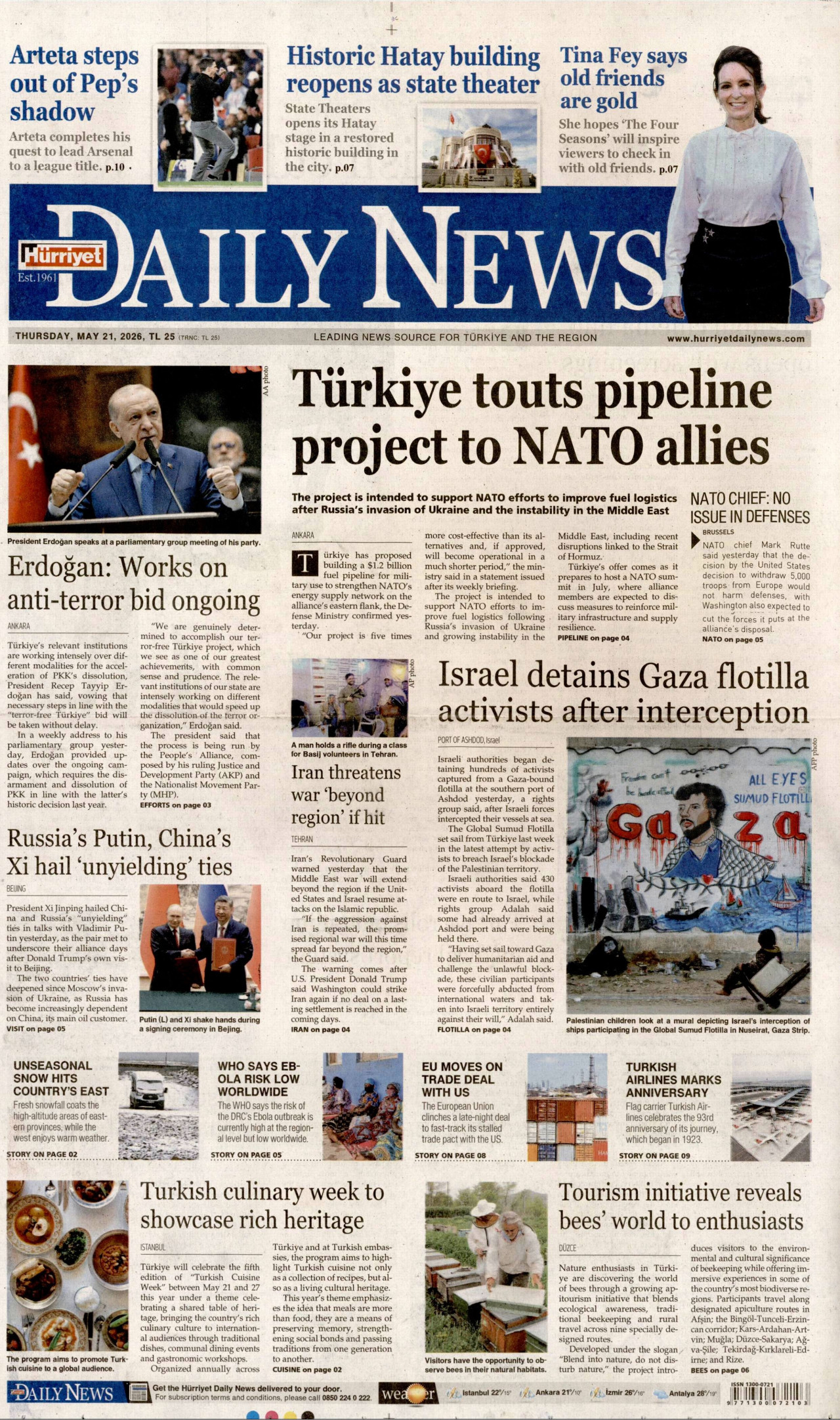 HÜRRİYET DAİLY NEWS gazetesinin 21 Mayıs 2026 tarihli birinci sayfası