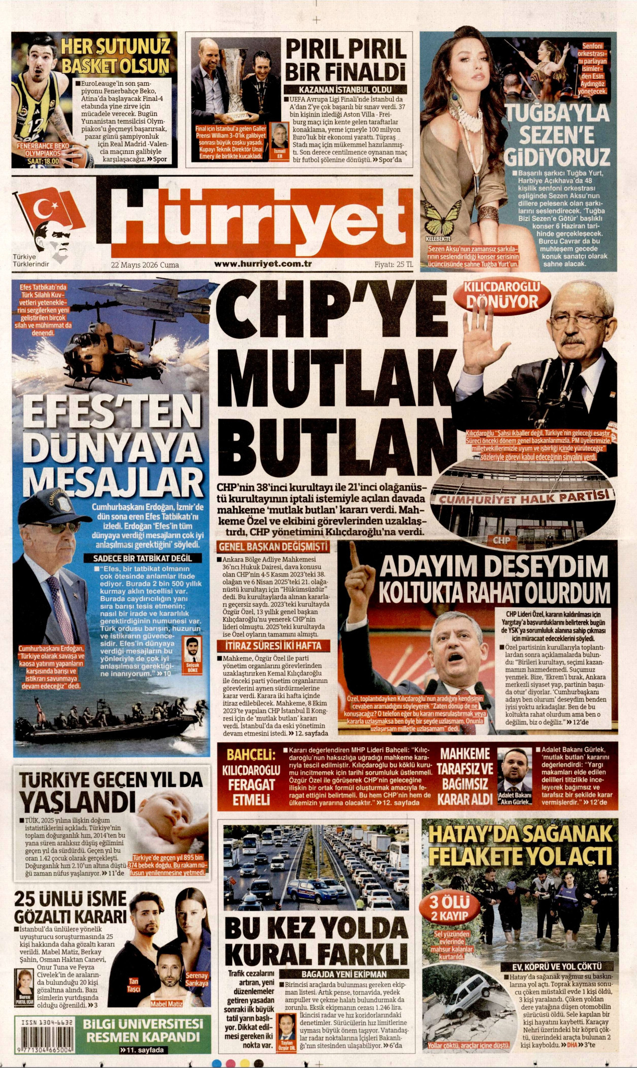 HÜRRİYET gazetesinin 22 Mayıs 2026 tarihli birinci sayfası