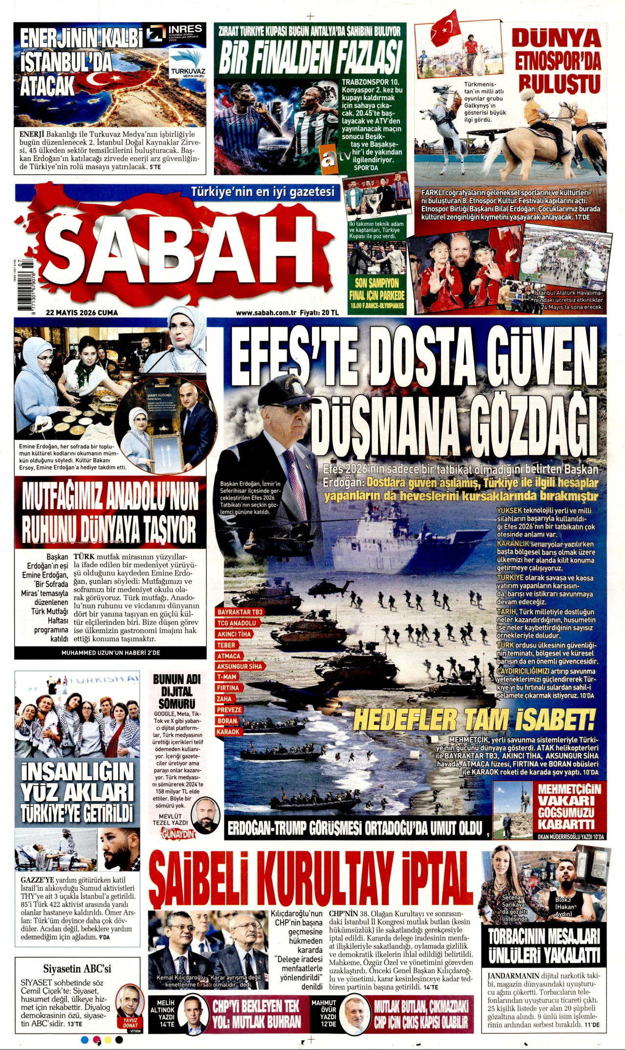 SABAH gazetesinin 22 Mayıs 2026 tarihli birinci sayfası