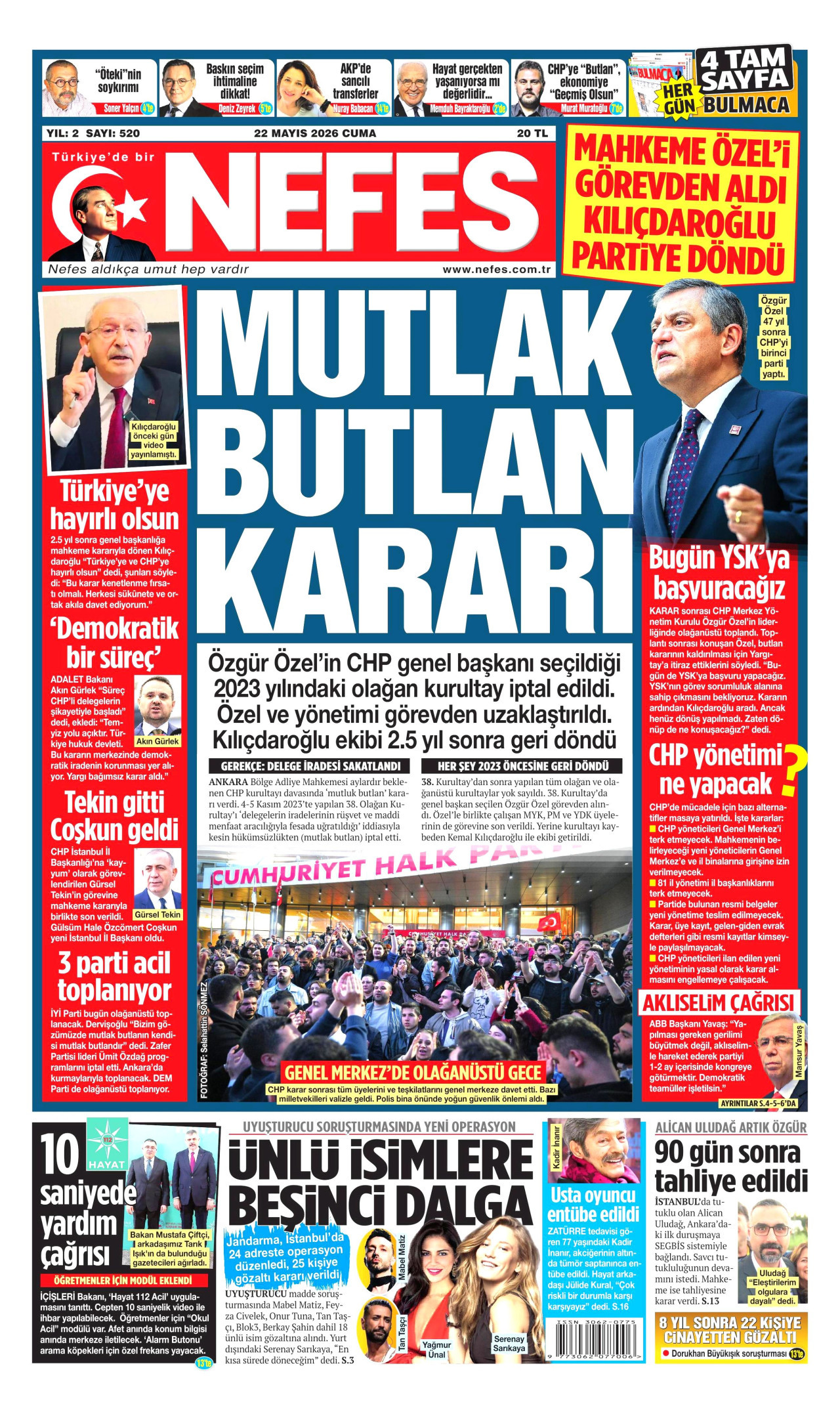 NEFES gazetesinin 22 Mayıs 2026 tarihli birinci sayfası