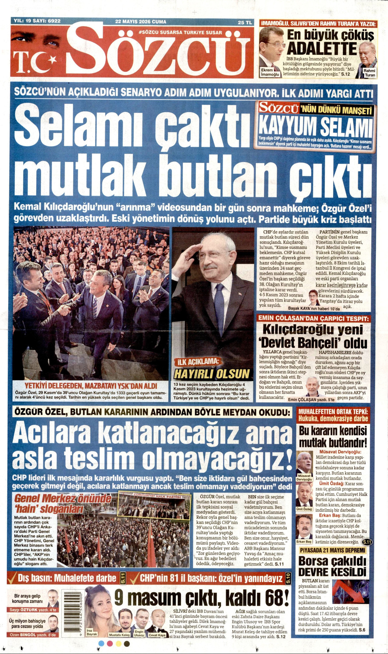 SÖZCÜ gazetesinin 22 Mayıs 2026 tarihli birinci sayfası
