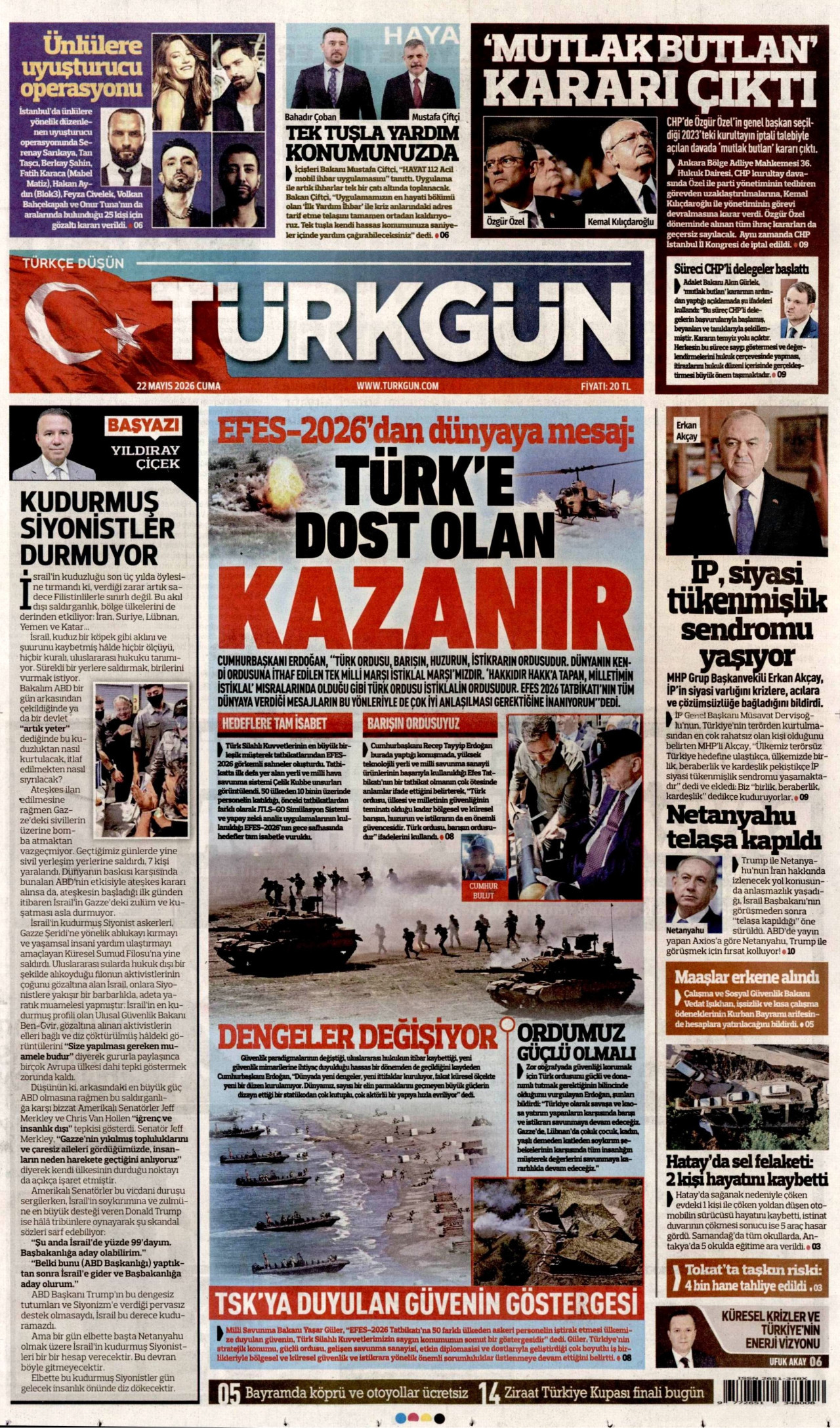 TÜRKGÜN gazetesinin 22 Mayıs 2026 tarihli birinci sayfası