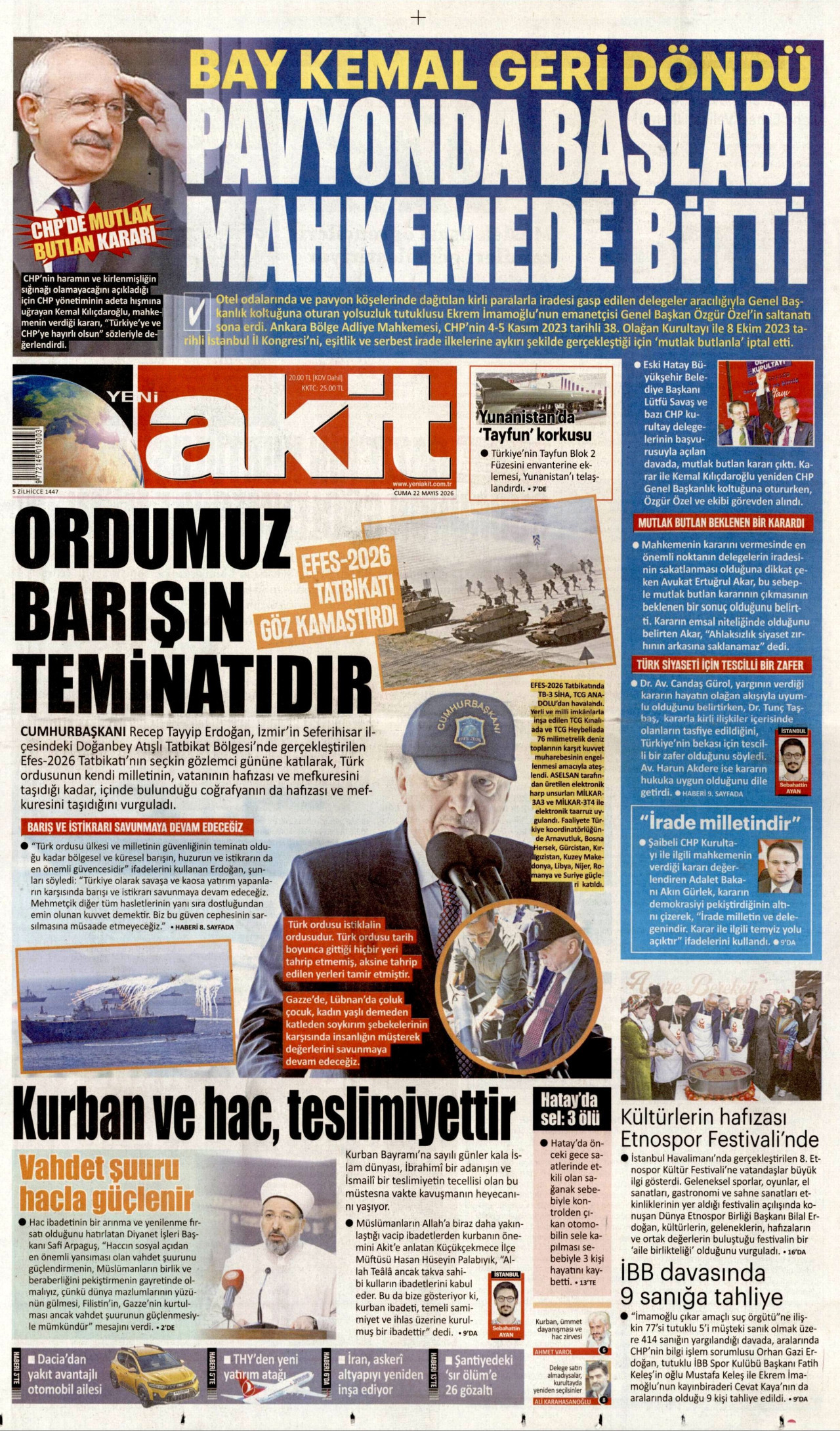 YENİ AKİT gazetesinin 22 Mayıs 2026 tarihli birinci sayfası