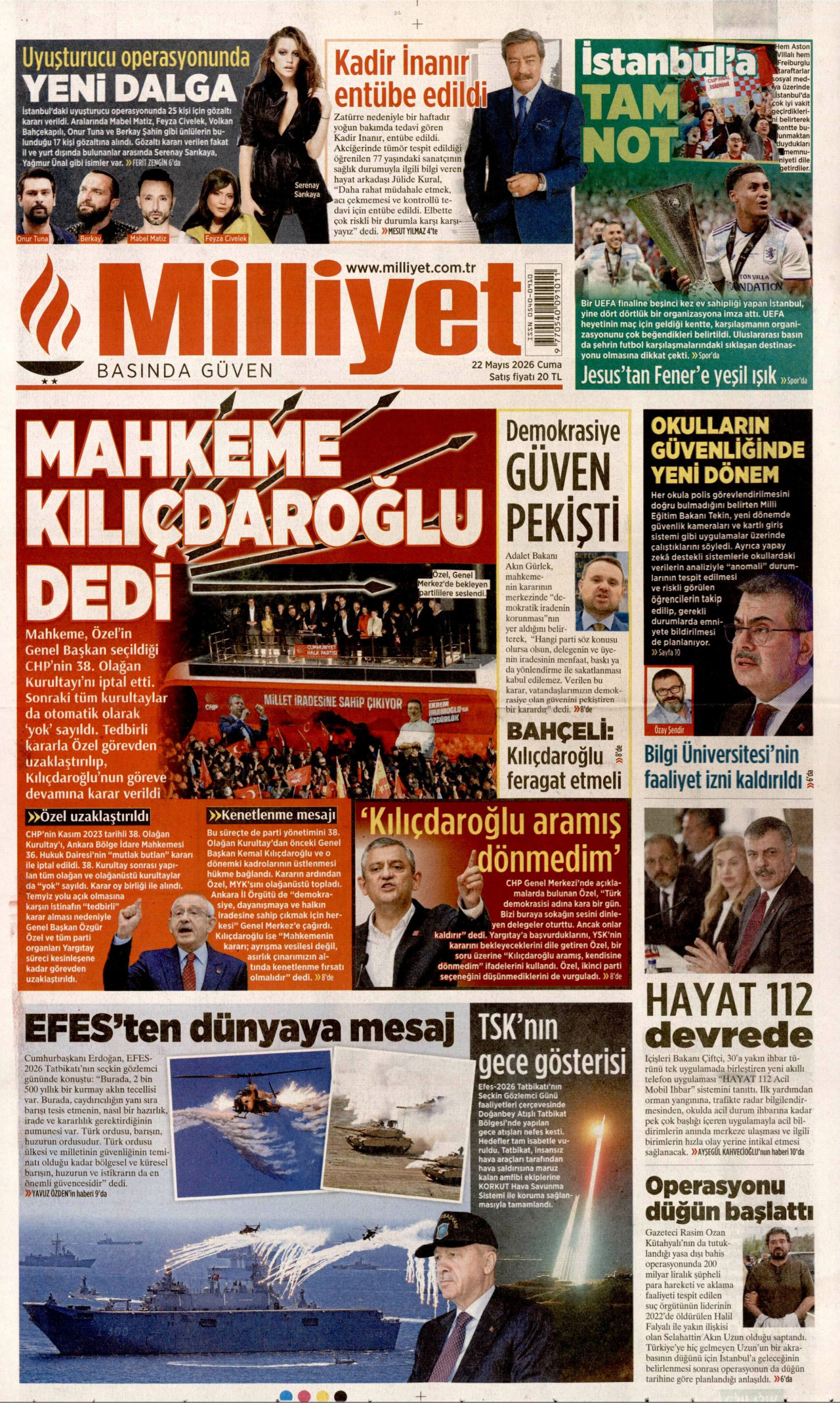 MİLLİYET gazetesinin 22 Mayıs 2026 tarihli birinci sayfası