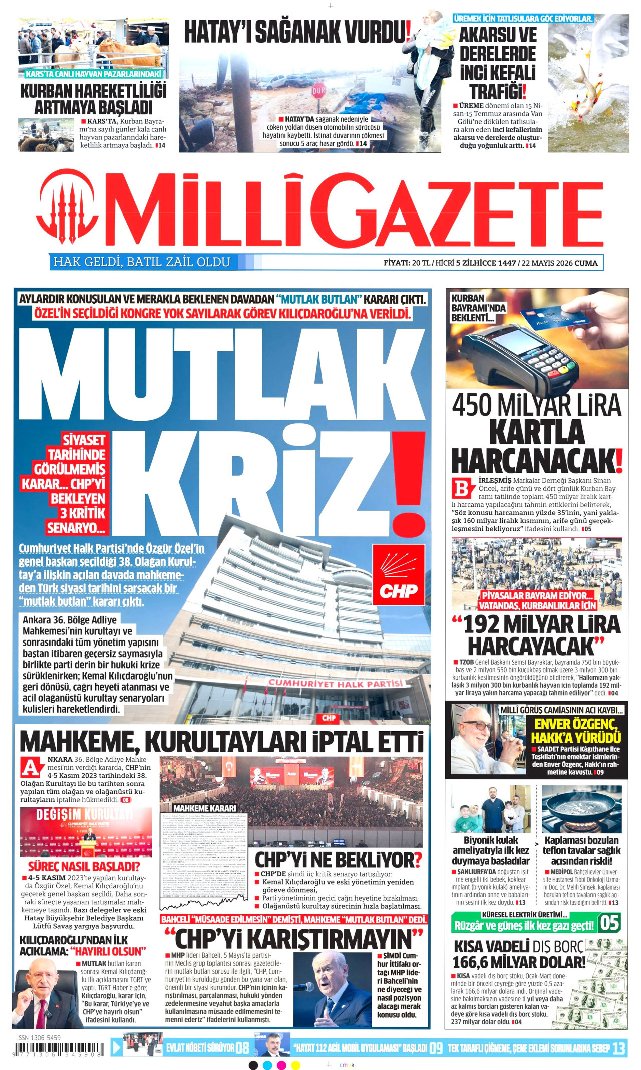 MİLLİ GAZETE gazetesinin 22 Mayıs 2026 tarihli birinci sayfası