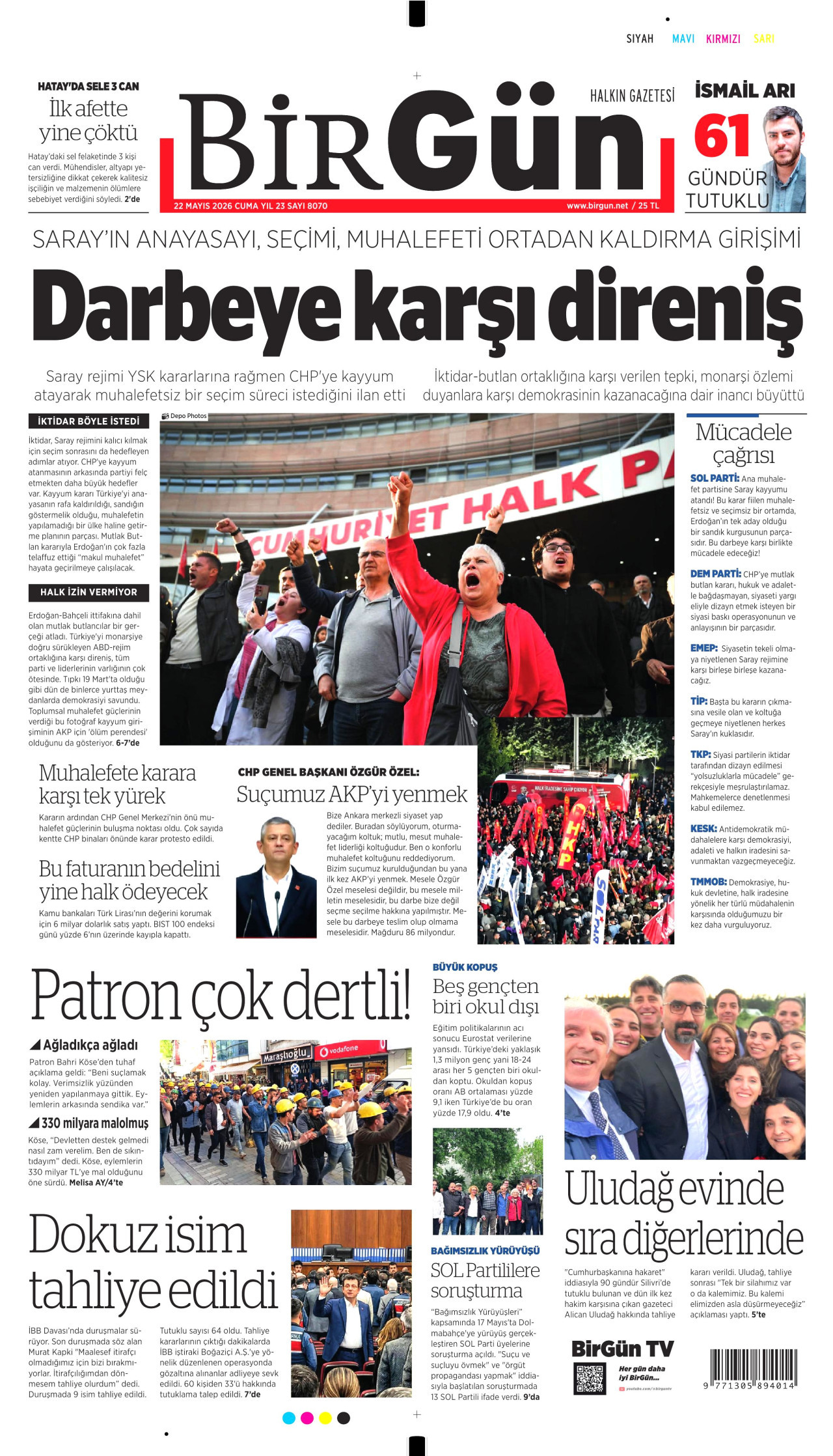 BİRGÜN gazetesinin 22 Mayıs 2026 tarihli birinci sayfası