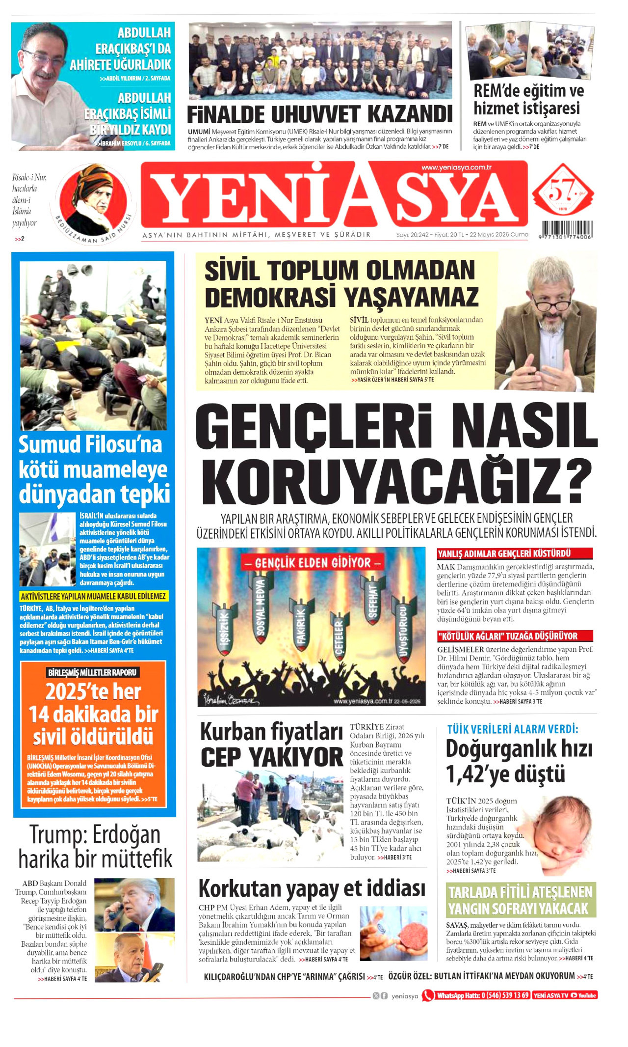 YENİ ASYA gazetesinin 22 Mayıs 2026 tarihli birinci sayfası