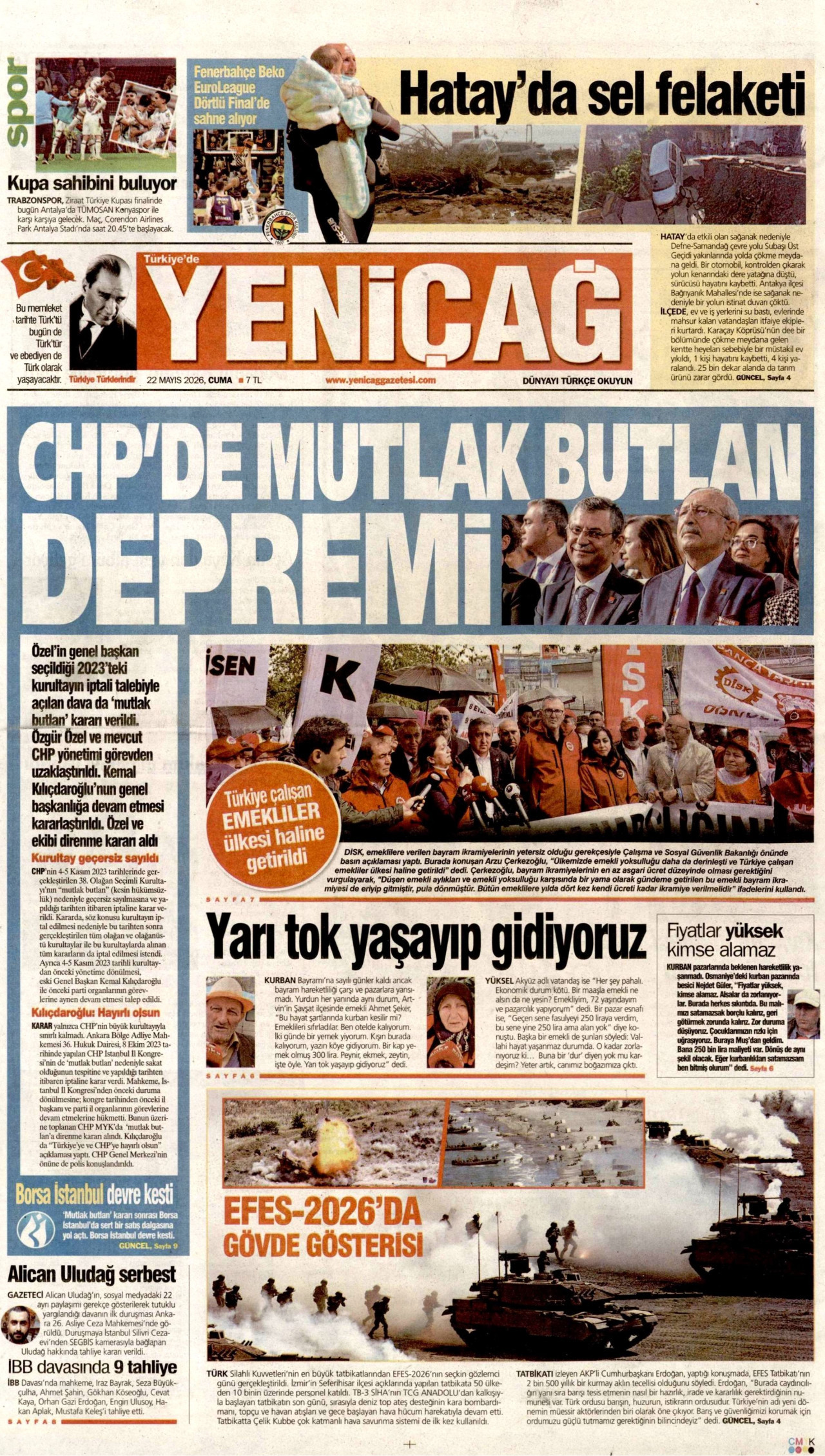 YENİÇAĞ gazetesinin 22 Mayıs 2026 tarihli birinci sayfası