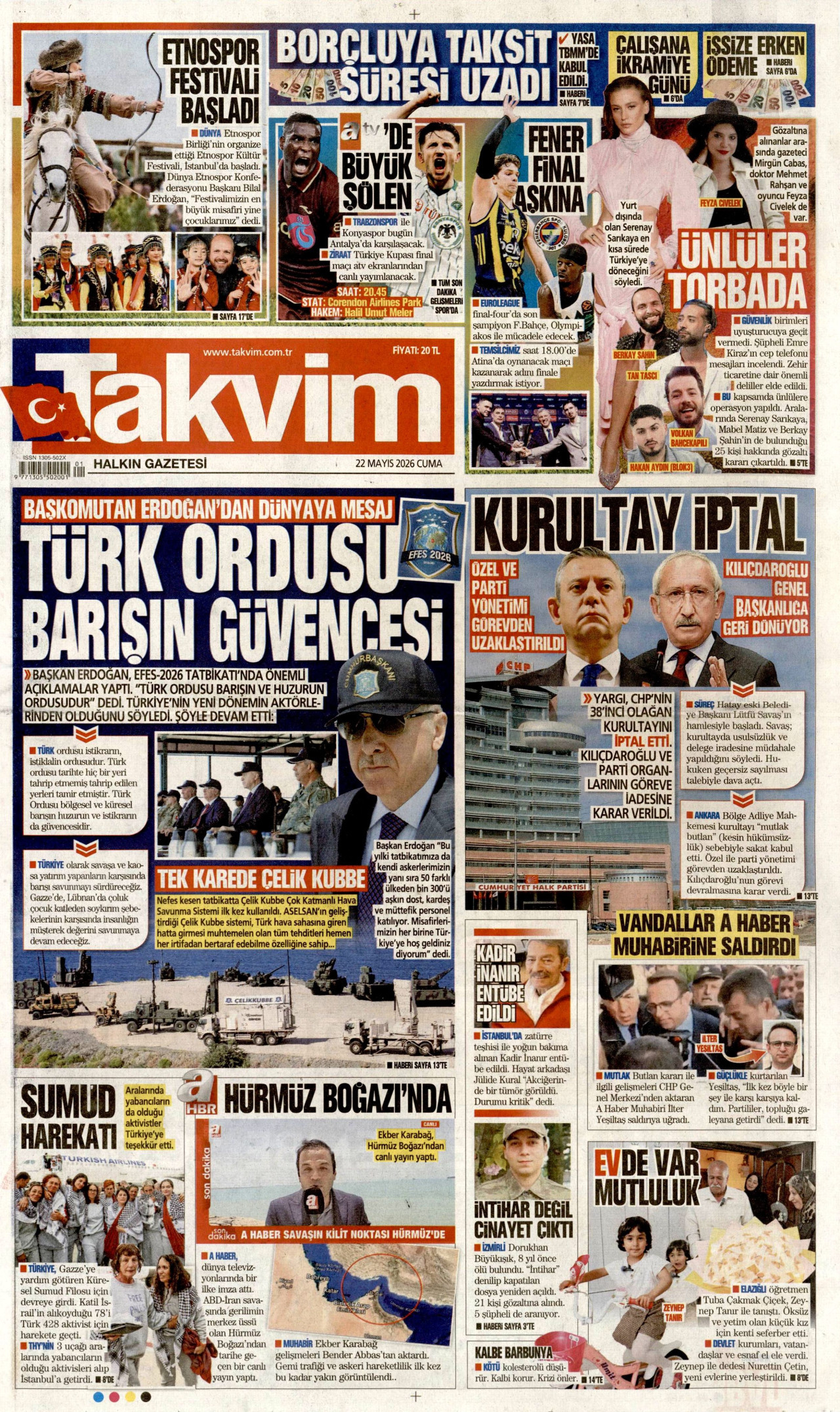 TAKVİM gazetesinin 22 Mayıs 2026 tarihli birinci sayfası