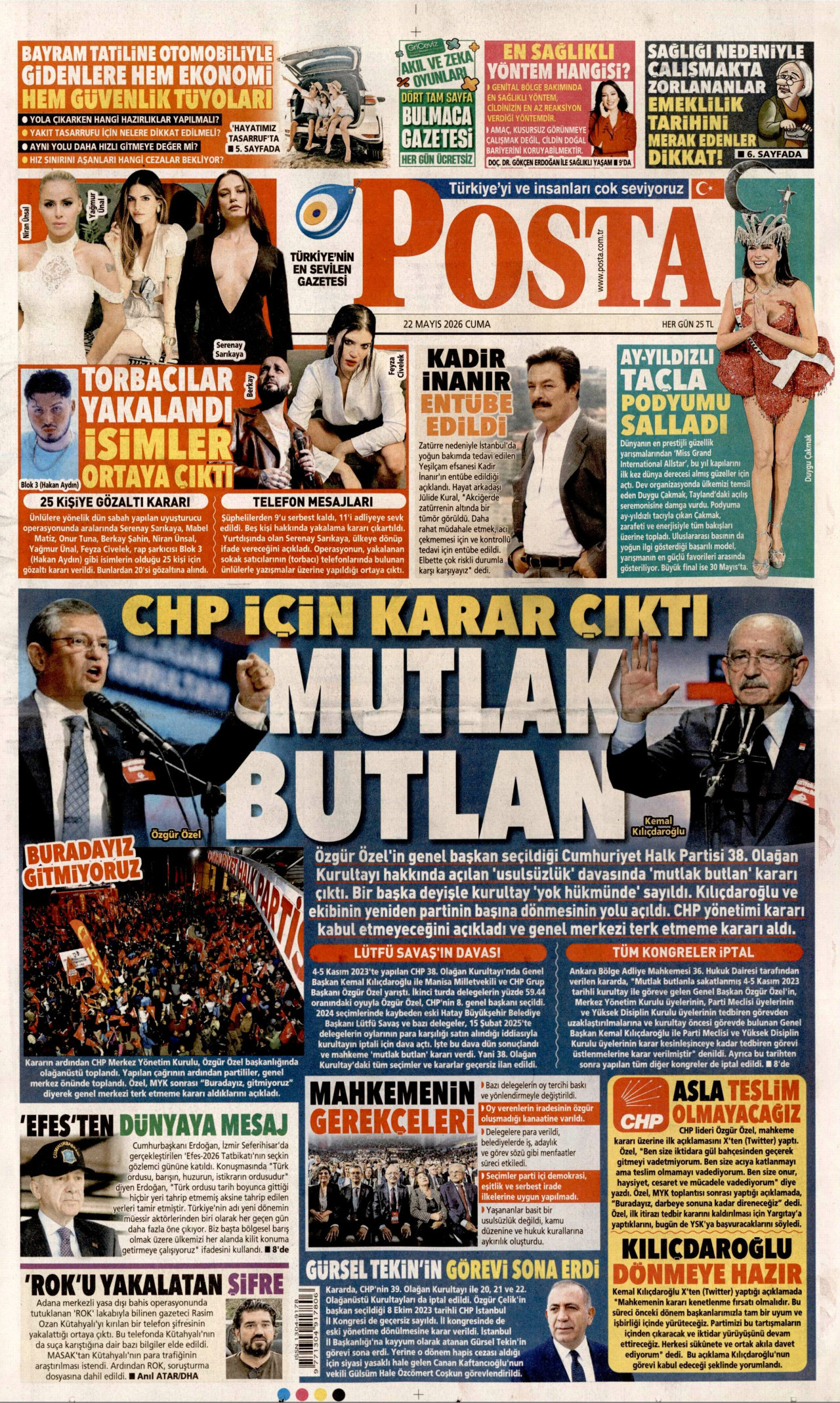 POSTA gazetesinin 22 Mayıs 2026 tarihli birinci sayfası