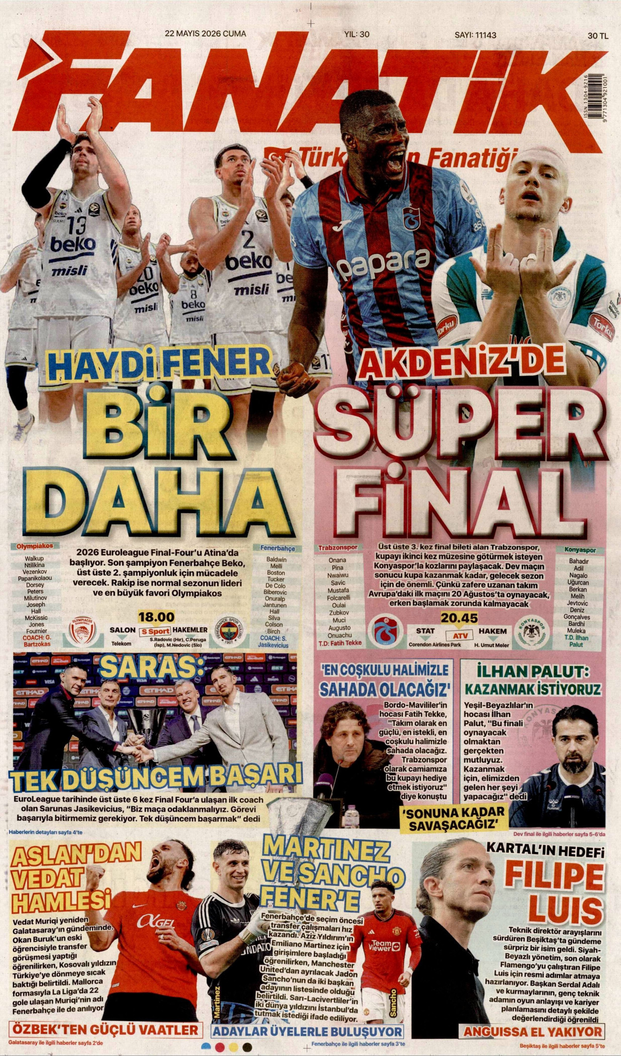 FANATİK gazetesinin 22 Mayıs 2026 tarihli birinci sayfası
