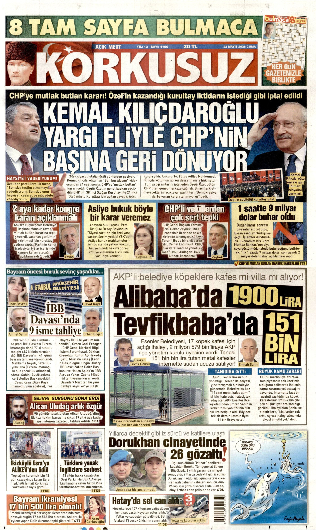 KORKUSUZ gazetesinin 22 Mayıs 2026 tarihli birinci sayfası