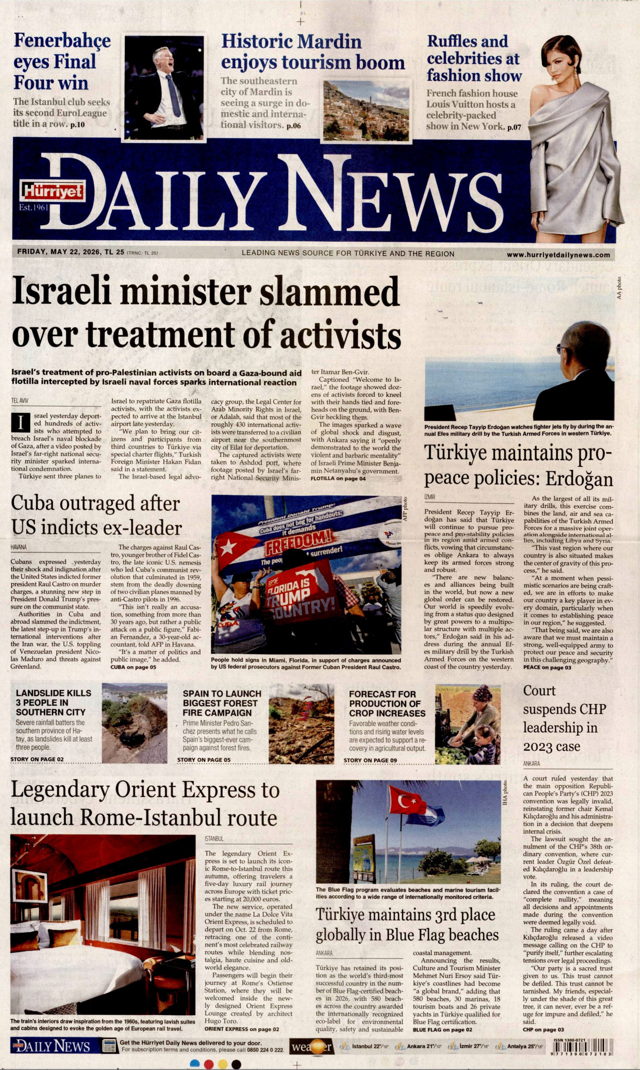 HÜRRİYET DAİLY NEWS gazetesinin 22 Mayıs 2026 tarihli birinci sayfası