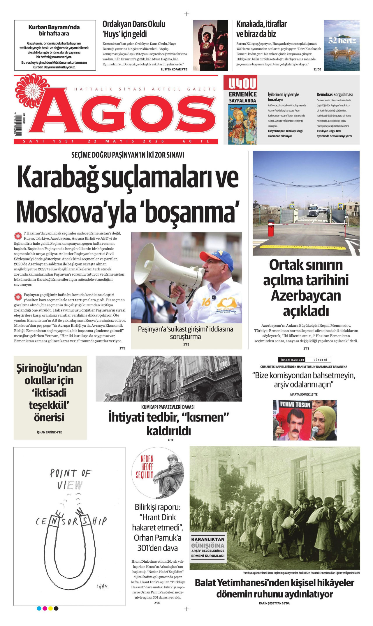 AGOS gazetesinin 22 Mayıs 2026 tarihli birinci sayfası