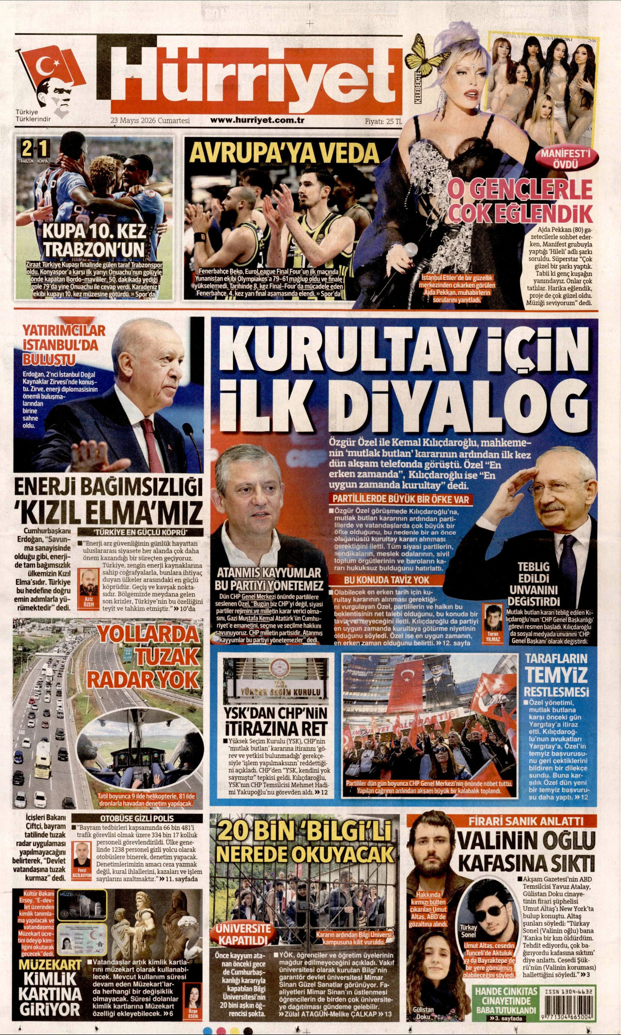 HÜRRİYET gazetesinin 23 Mayıs 2026 tarihli birinci sayfası