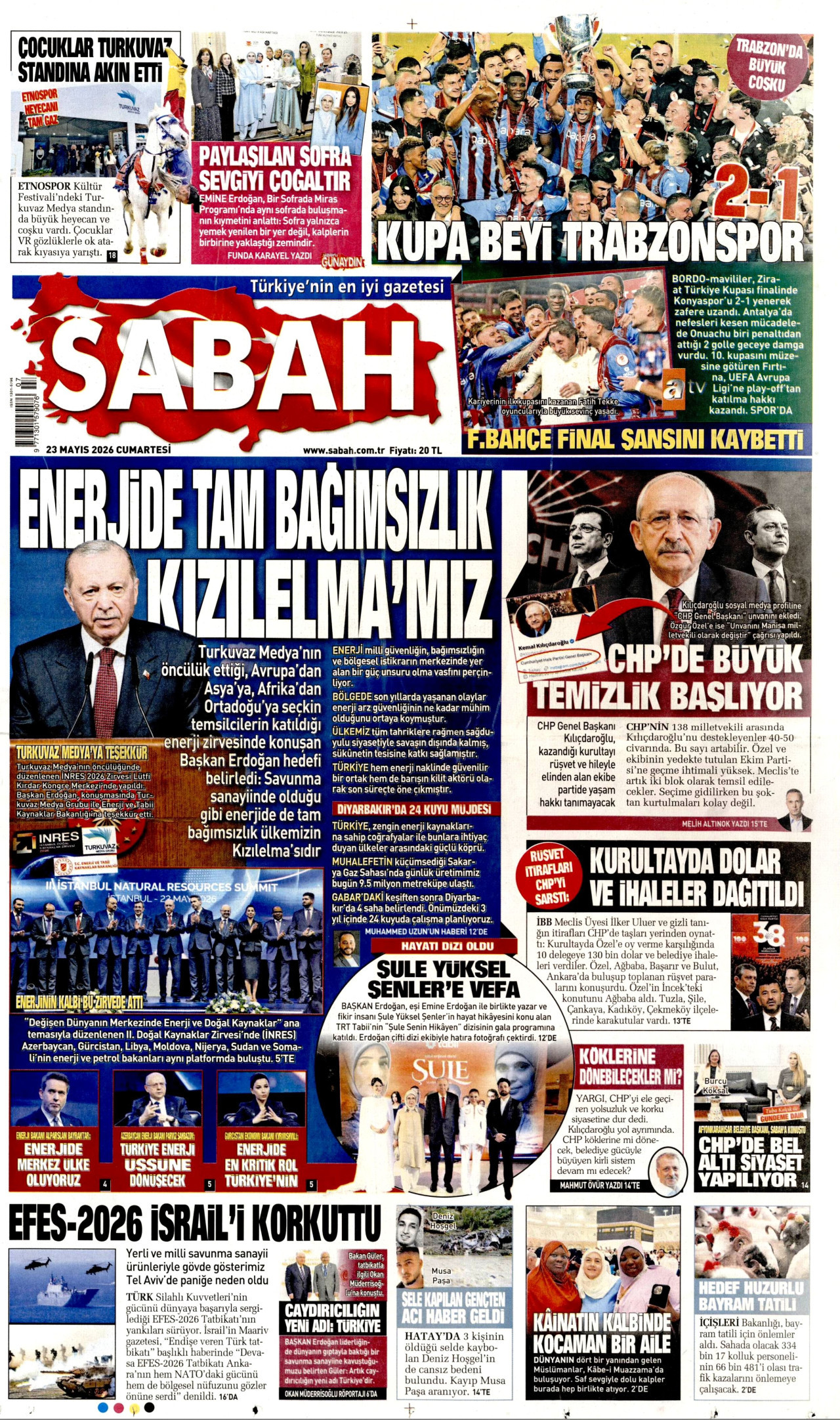 SABAH gazetesinin 23 Mayıs 2026 tarihli birinci sayfası