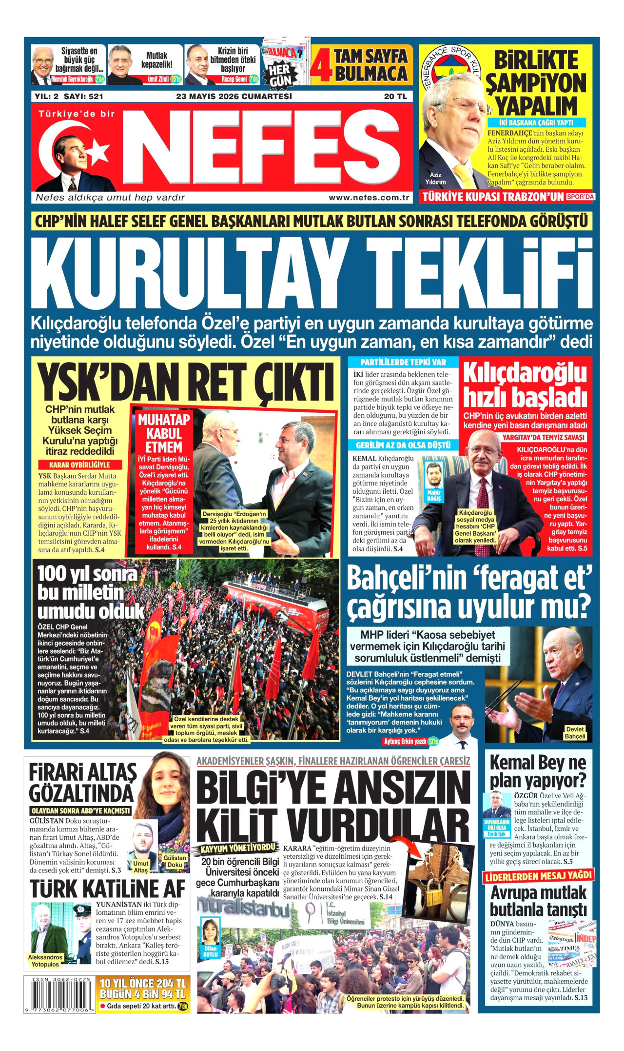 NEFES gazetesinin 23 Mayıs 2026 tarihli birinci sayfası