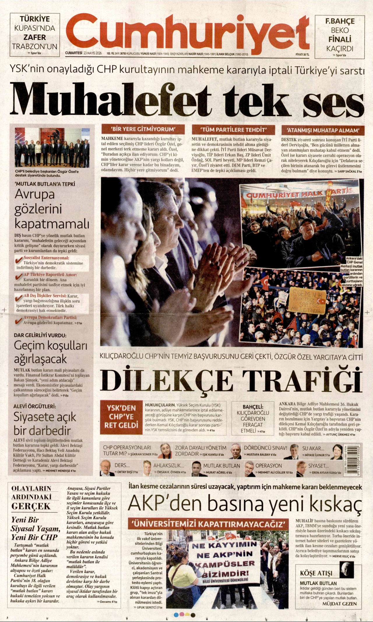 CUMHURİYET gazetesinin 23 Mayıs 2026 tarihli birinci sayfası