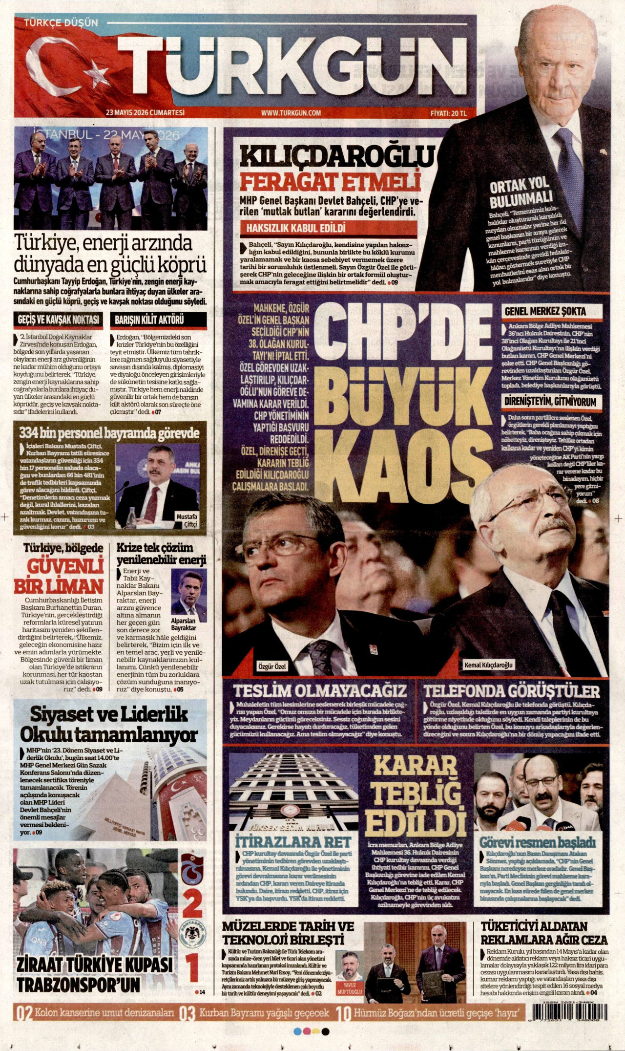 TÜRKGÜN gazetesinin 23 Mayıs 2026 tarihli birinci sayfası