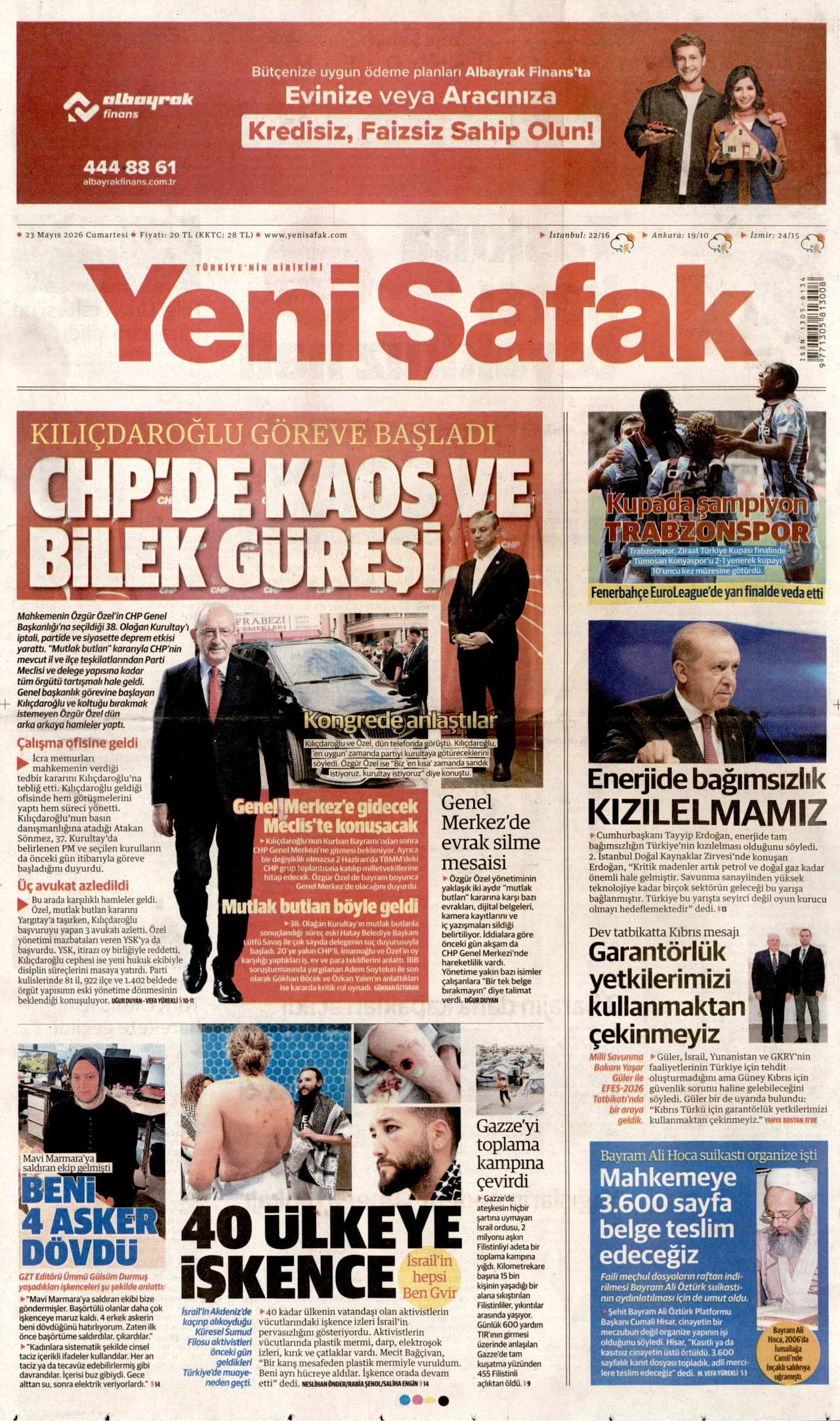 YENİ ŞAFAK gazetesinin 23 Mayıs 2026 tarihli birinci sayfası