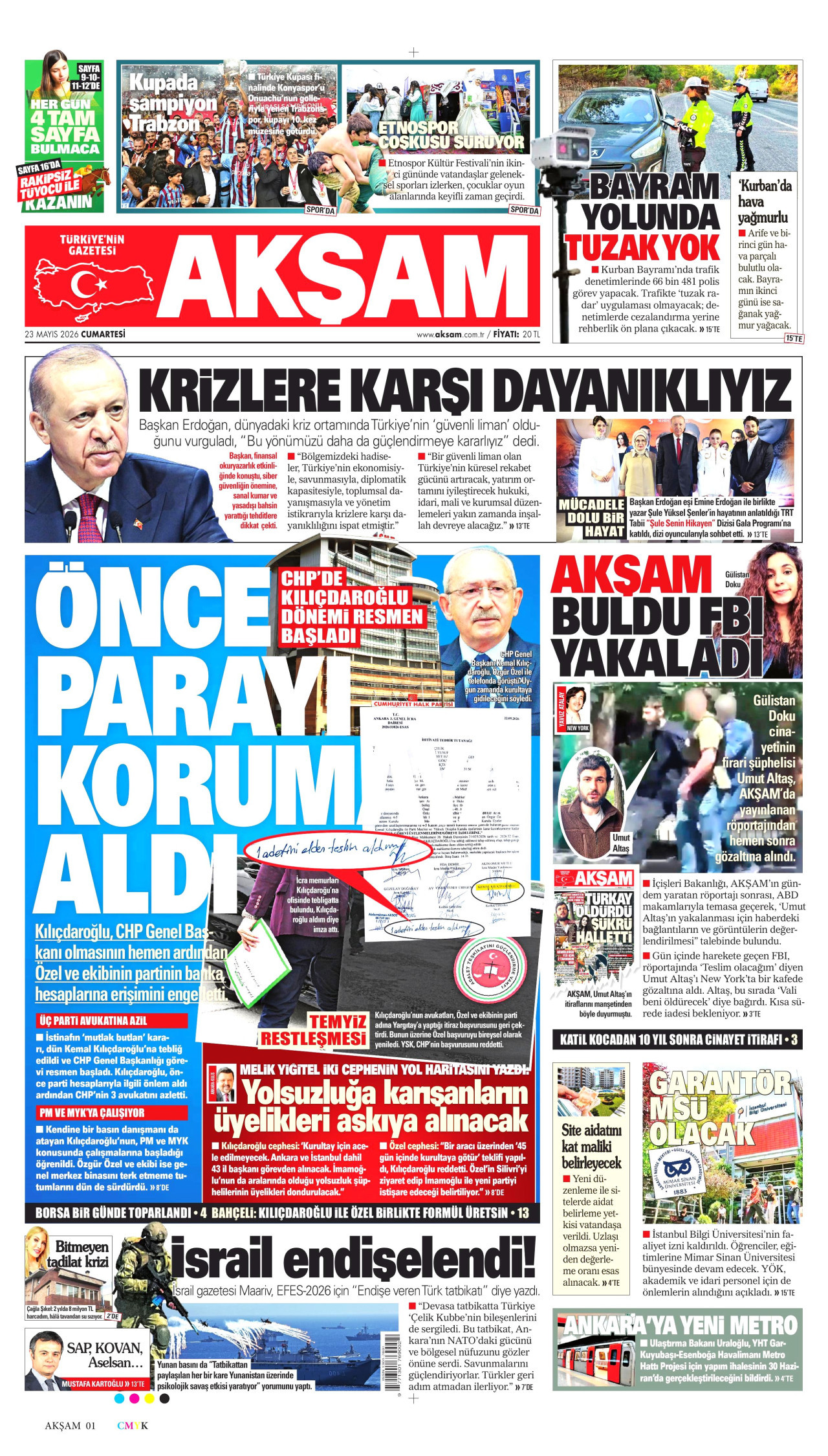 AKŞAM gazetesinin 23 Mayıs 2026 tarihli birinci sayfası