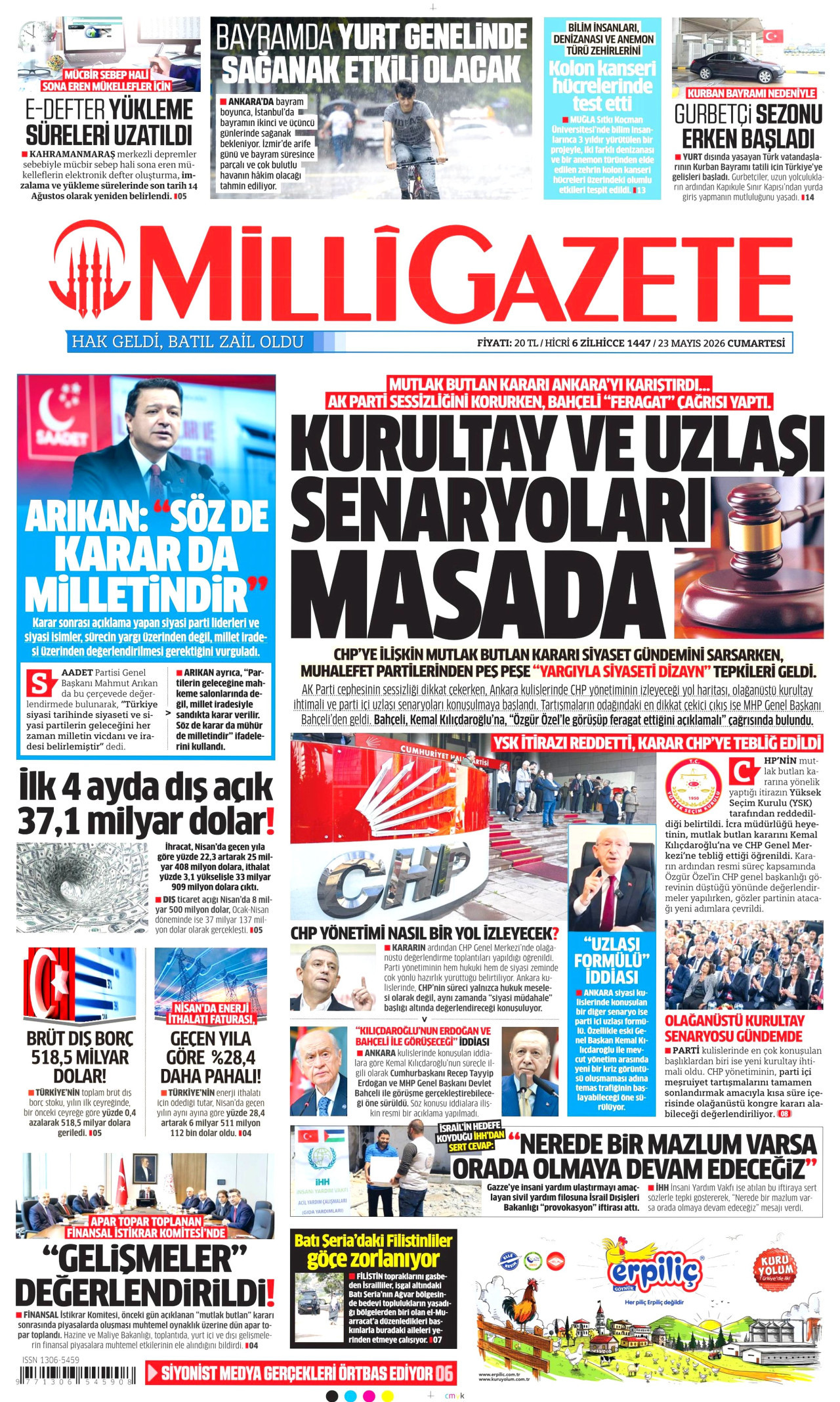 MİLLİ GAZETE gazetesinin 23 Mayıs 2026 tarihli birinci sayfası