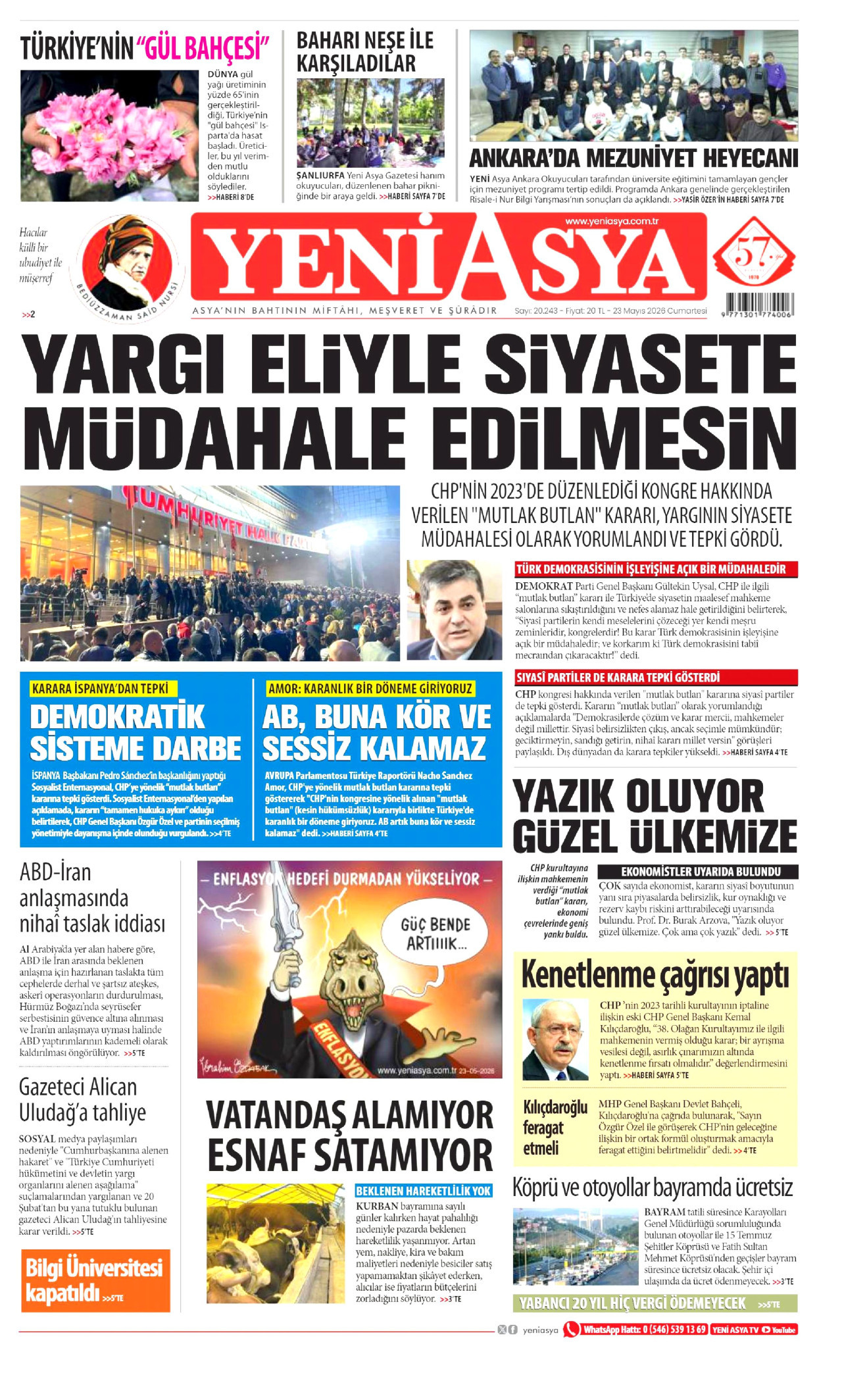 YENİ ASYA gazetesinin 23 Mayıs 2026 tarihli birinci sayfası