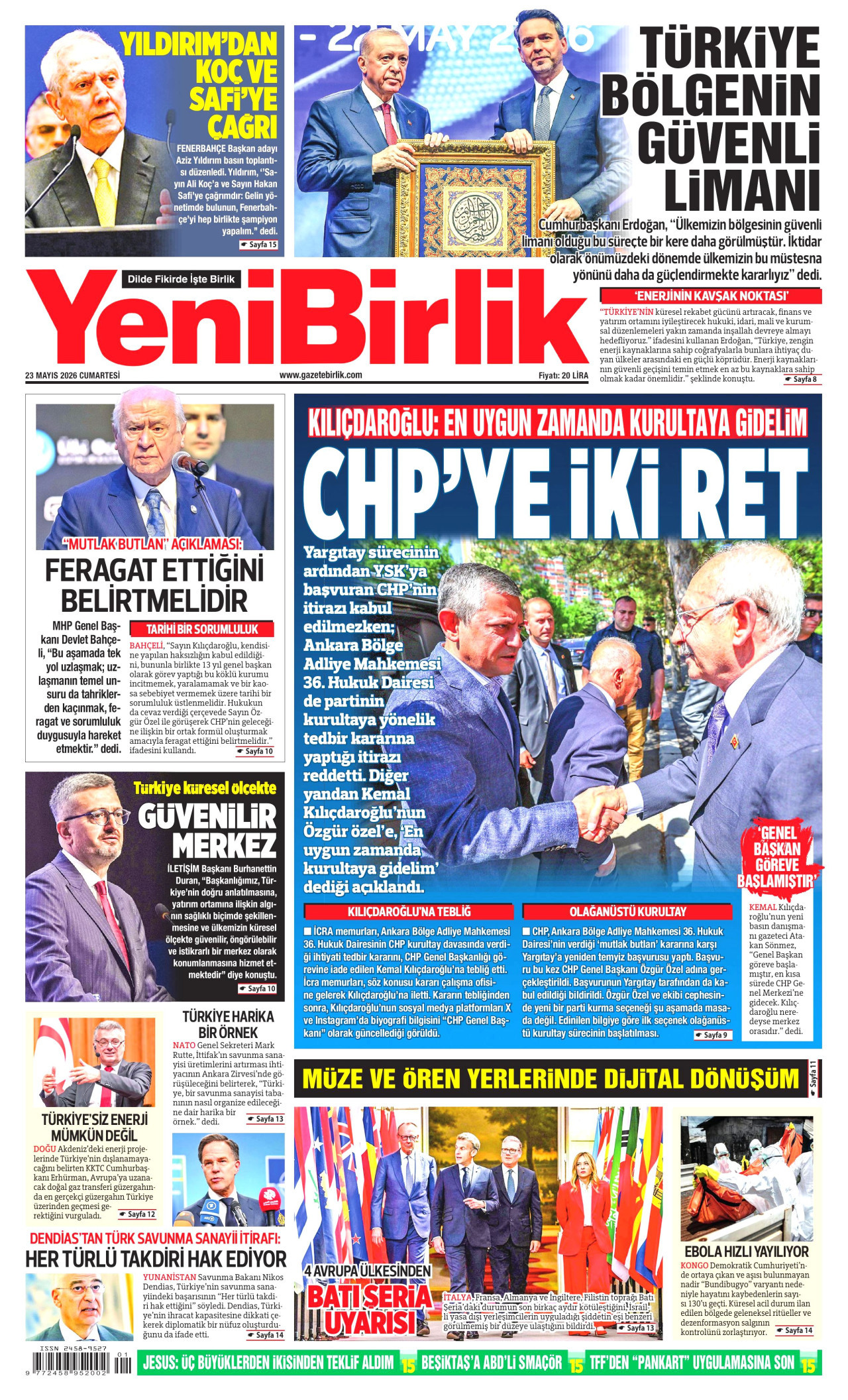 YENİBİRLİK gazetesinin 23 Mayıs 2026 tarihli birinci sayfası