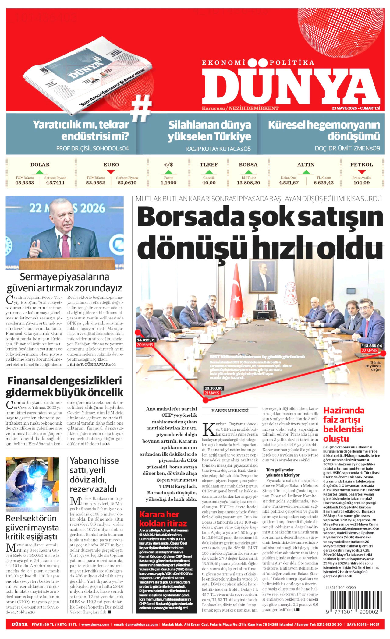 DÜNYA gazetesinin 23 Mayıs 2026 tarihli birinci sayfası