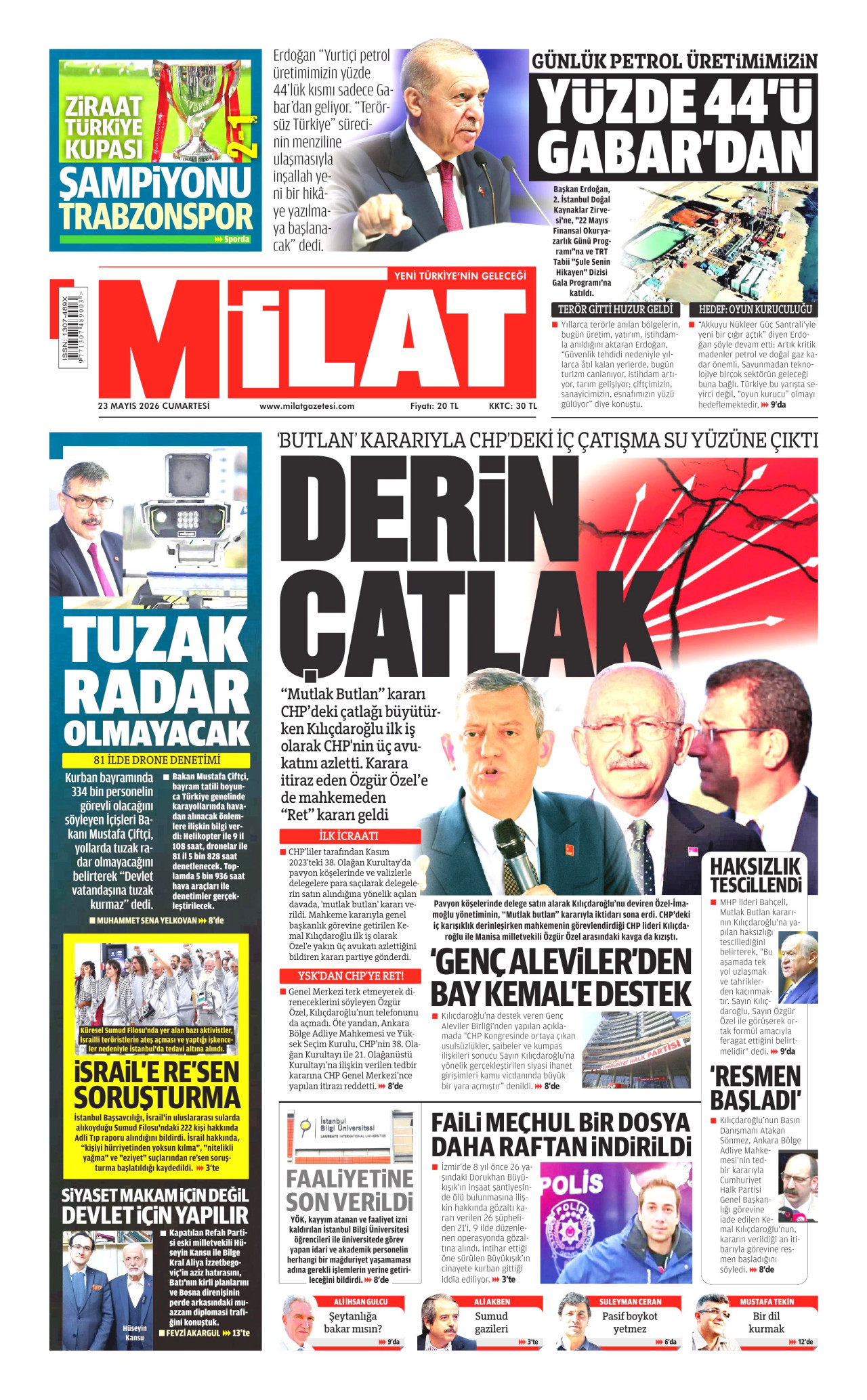 MİLAT gazetesinin 23 Mayıs 2026 tarihli birinci sayfası