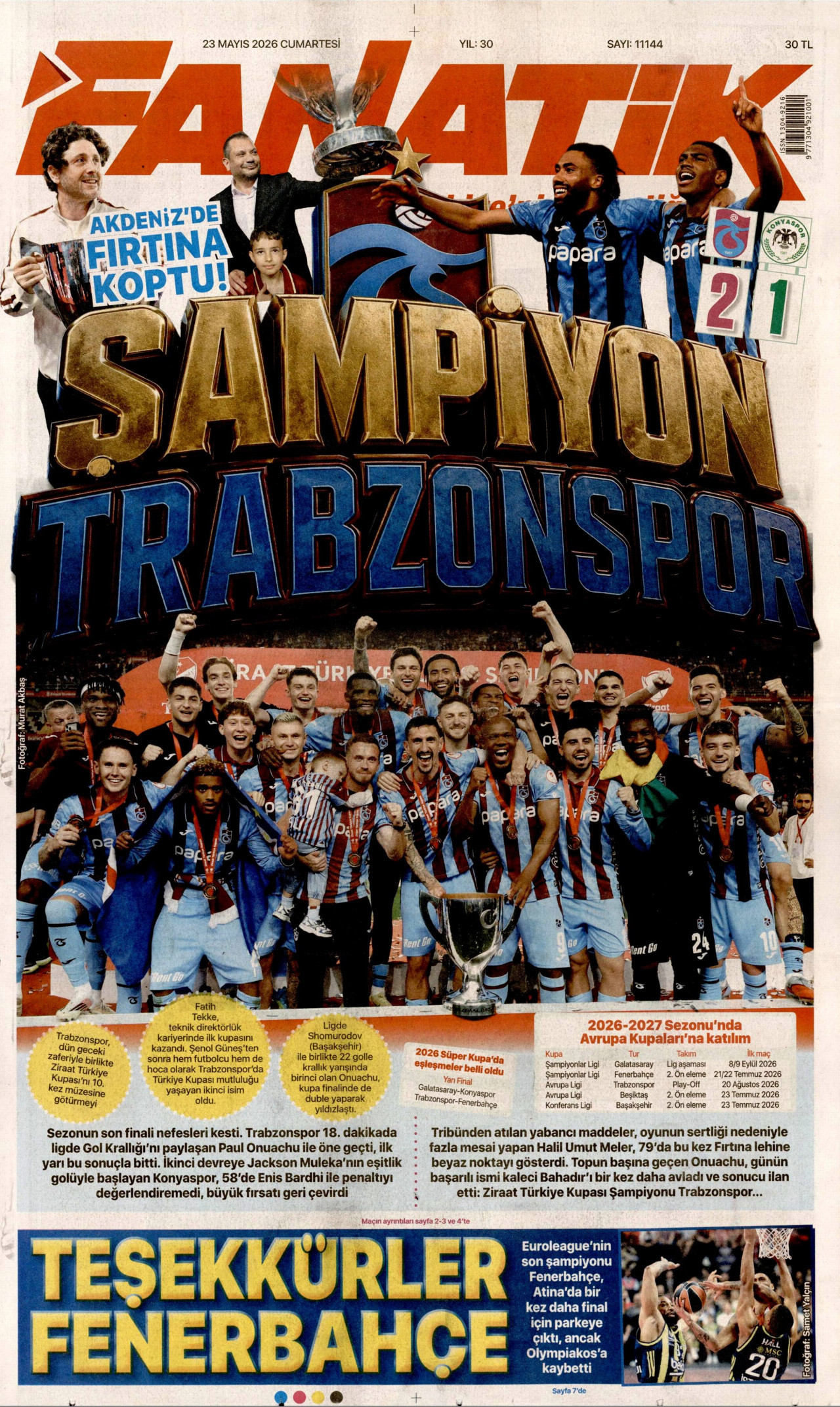 FANATİK gazetesinin 23 Mayıs 2026 tarihli birinci sayfası